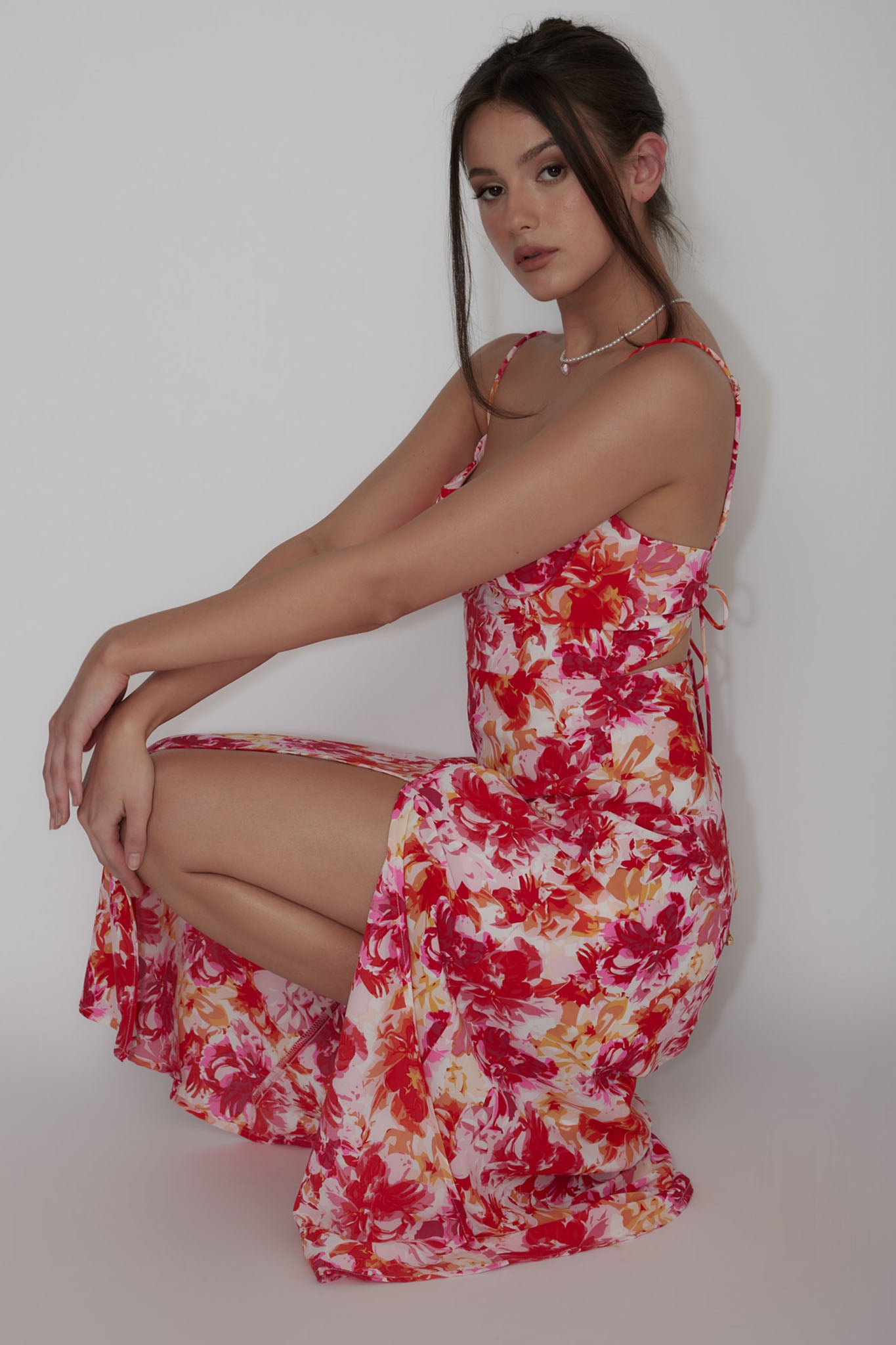 Galilea Tied Back Midi Dress Floral Red by Selfie Leslie