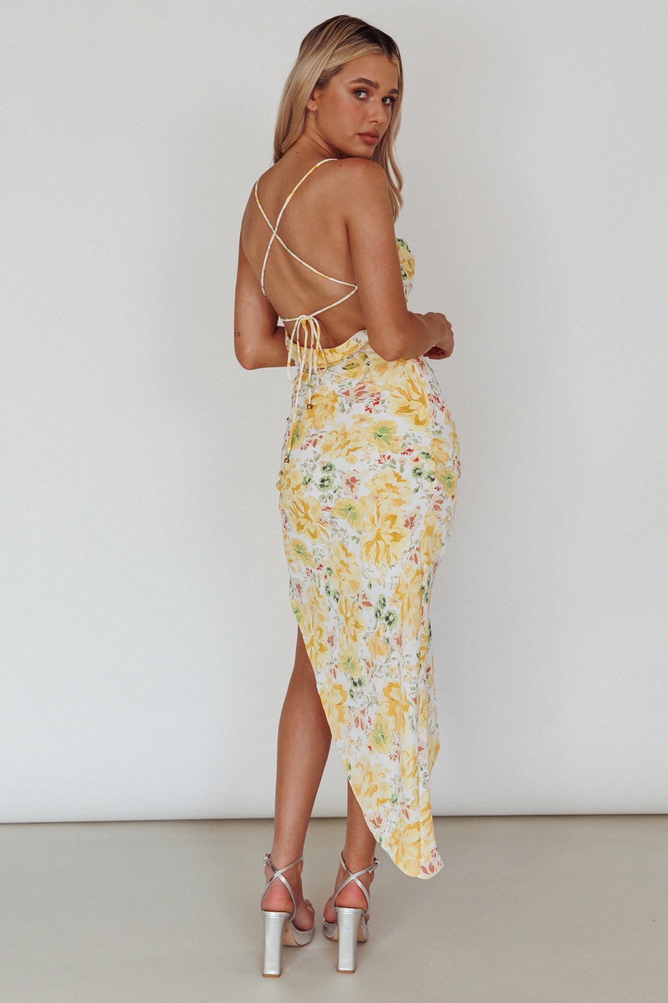 Klara Thigh Split Midi Dress Floral Yellow by Selfie Leslie
