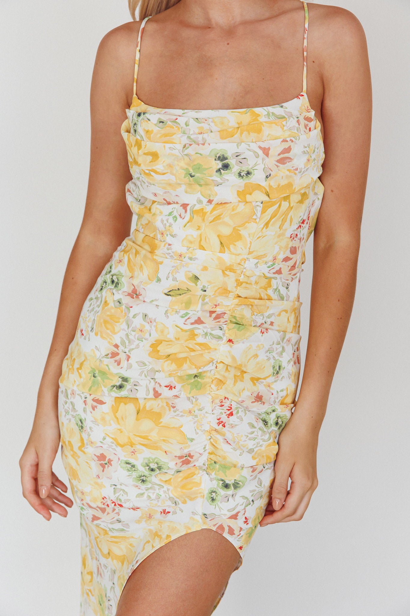 Klara Thigh Split Midi Dress Floral Yellow by Selfie Leslie
