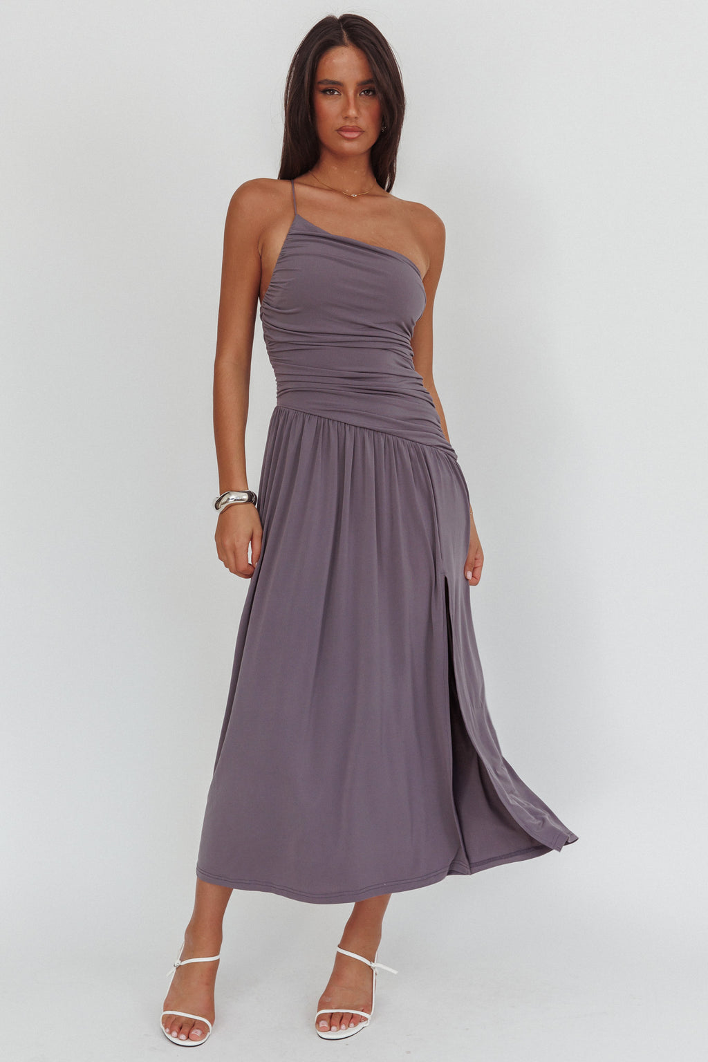 Destination One-Shoulder Maxi Dress Taupe by Selfie Leslie