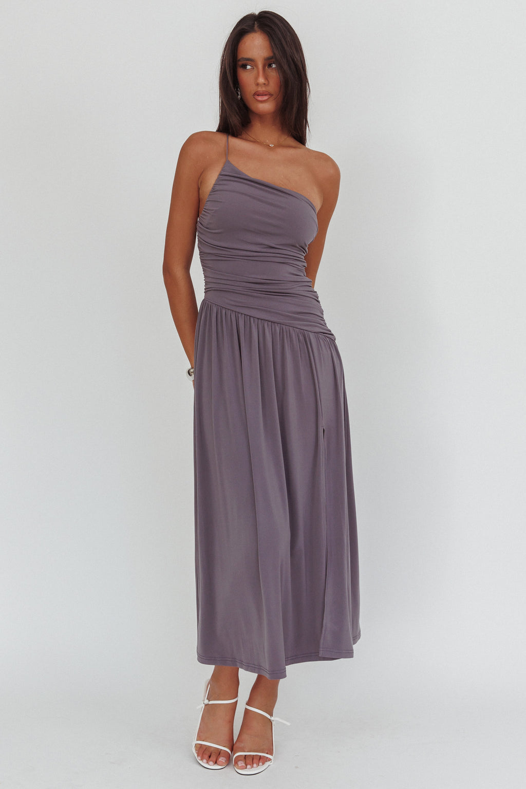 Destination One-Shoulder Maxi Dress Taupe by Selfie Leslie