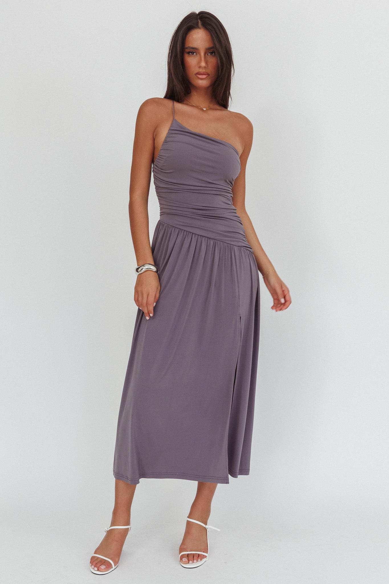 Destination One-Shoulder Maxi Dress Taupe by Selfie Leslie