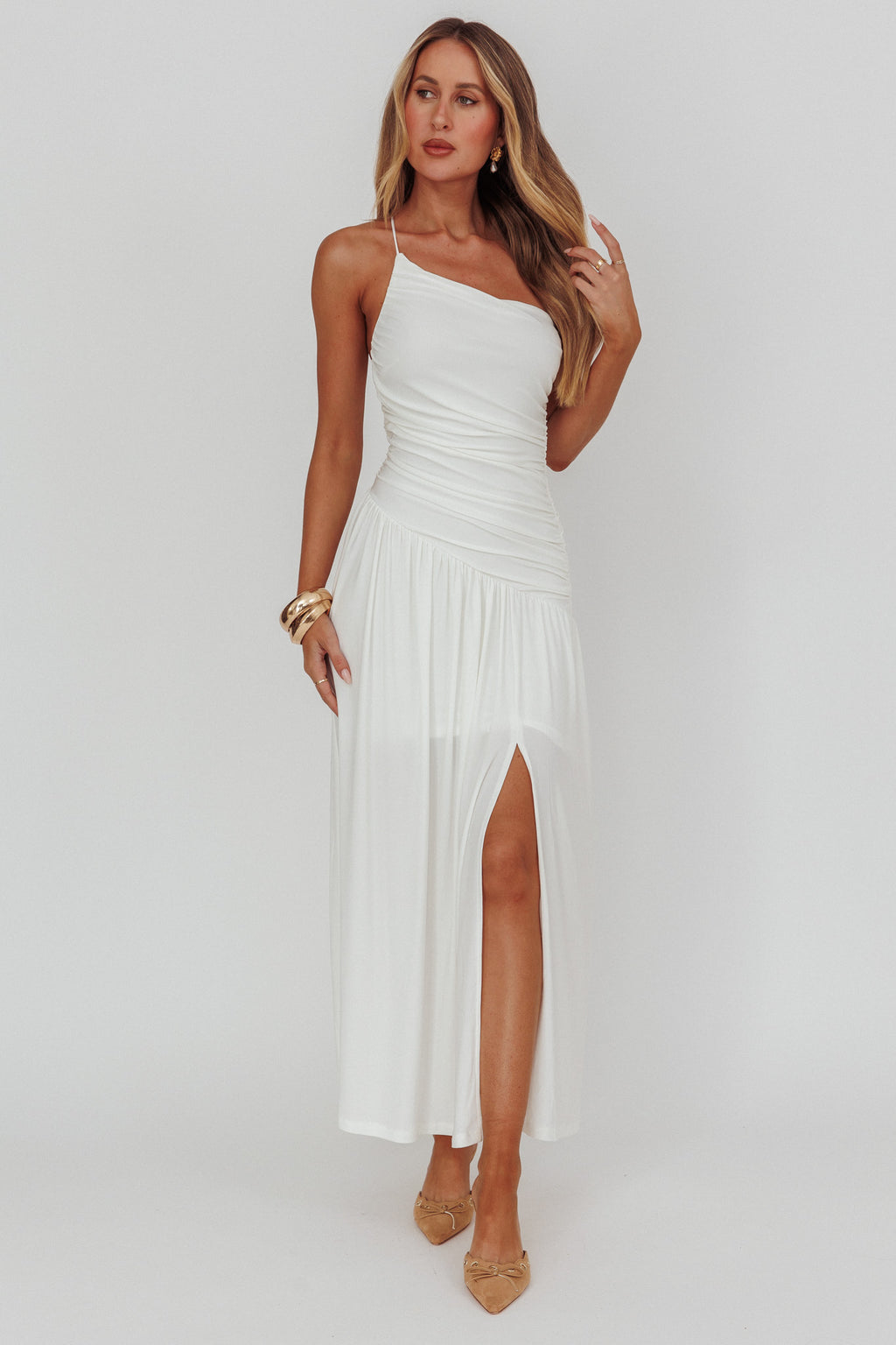 Destination One-Shoulder Maxi Dress White by Selfie Leslie