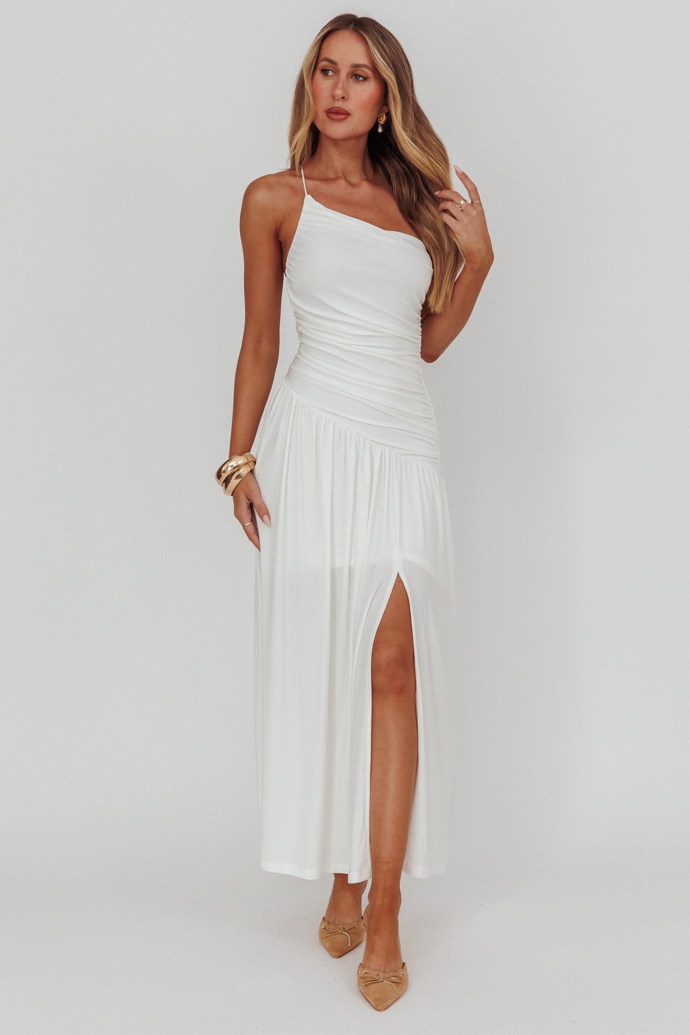 Destination One-Shoulder Maxi Dress White by Selfie Leslie