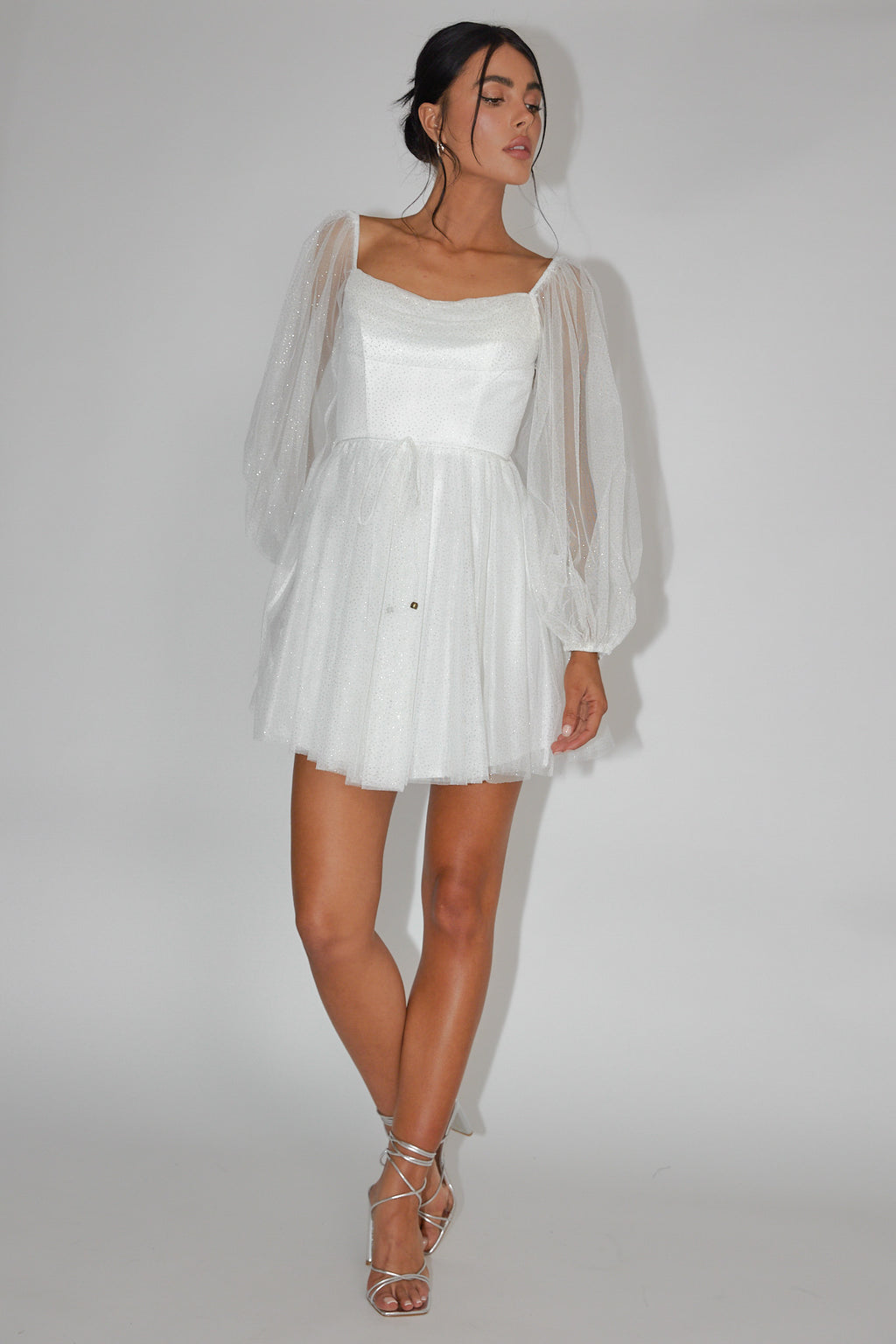 Fairytale Dream Pleat Neckline Mini Dress Sparkle White/Gold - XS Fairytale Dream Pleat Neckline Mini Dress Sparkle White/Gold - XS