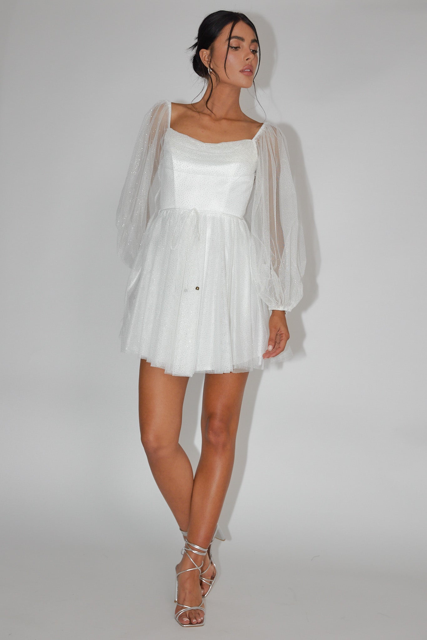 Fairytale Dream Pleat Neckline Mini Dress Sparkle White/Gold - XS Fairytale Dream Pleat Neckline Mini Dress Sparkle White/Gold - XS