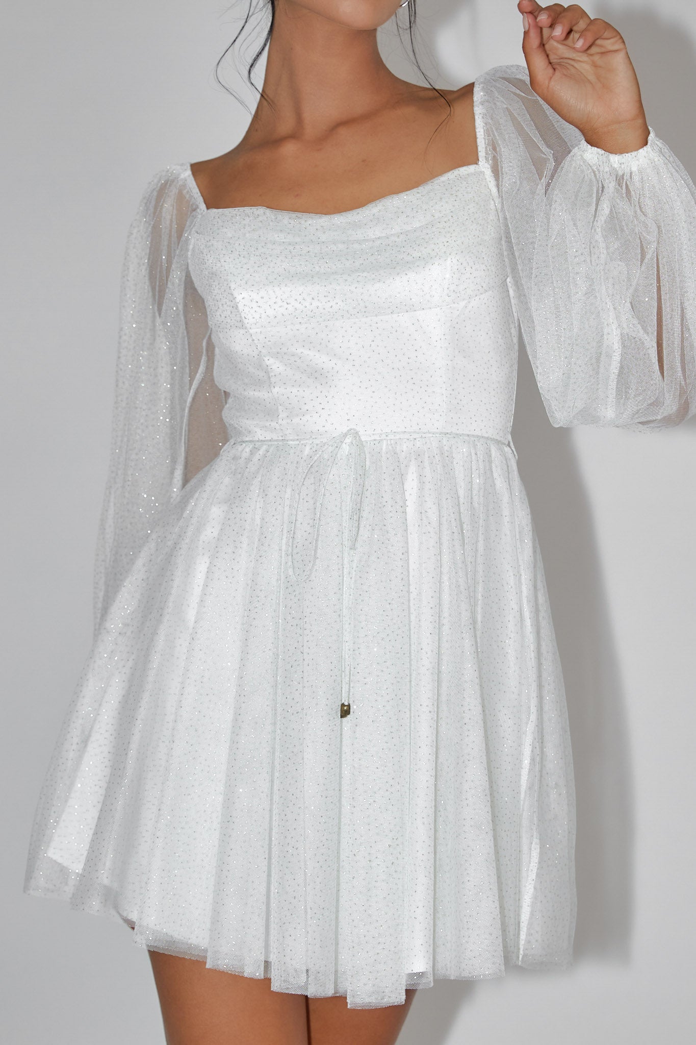 Fairytale Dream Pleat Neckline Mini Dress Sparkle White/Gold by Selfie Leslie