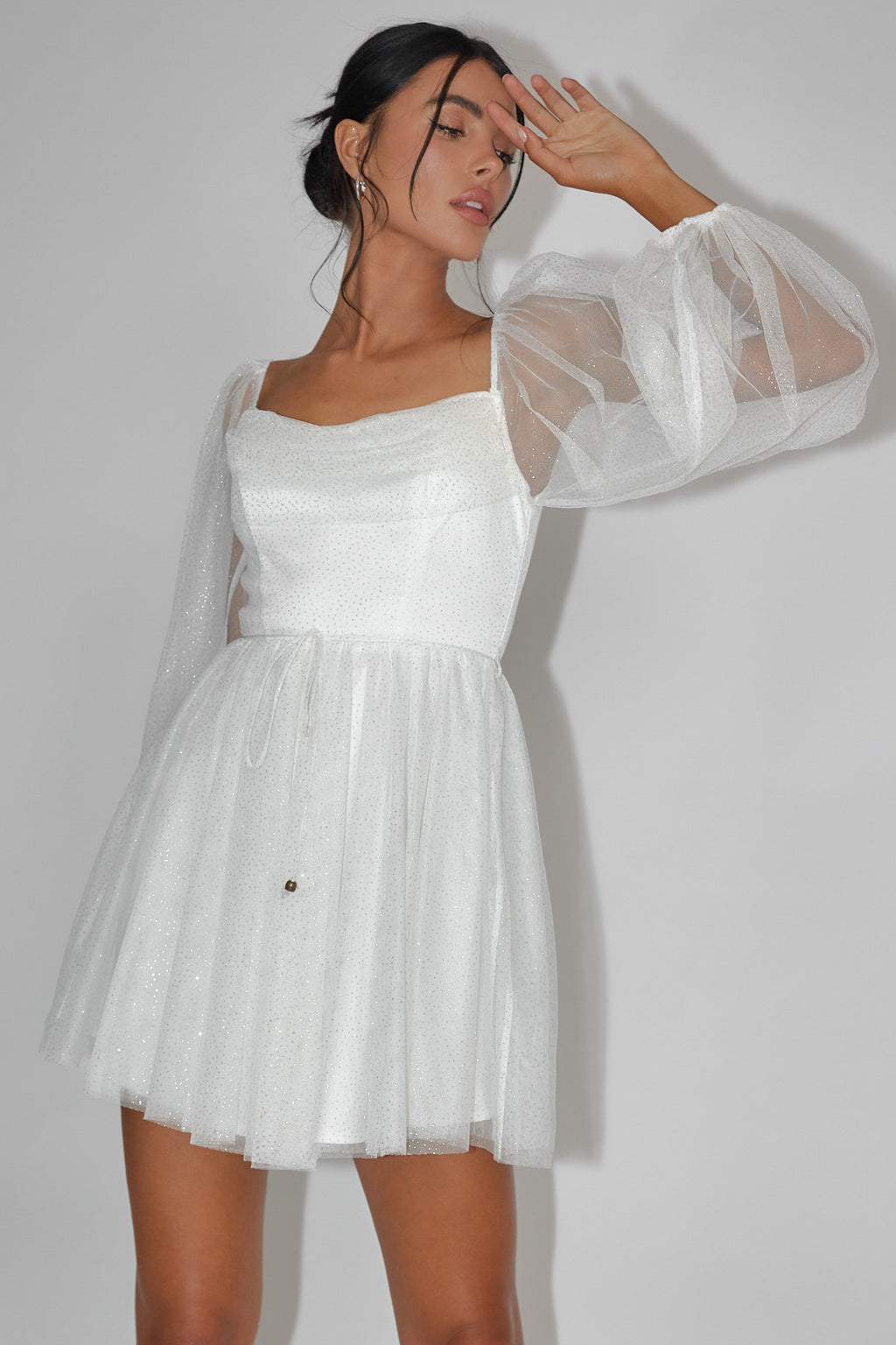 Fairytale Dream Pleat Neckline Mini Dress Sparkle White/Gold | Selfie Leslie Fairytale Dream Pleat Neckline Mini Dress Sparkle White/Gold | Selfie Leslie
