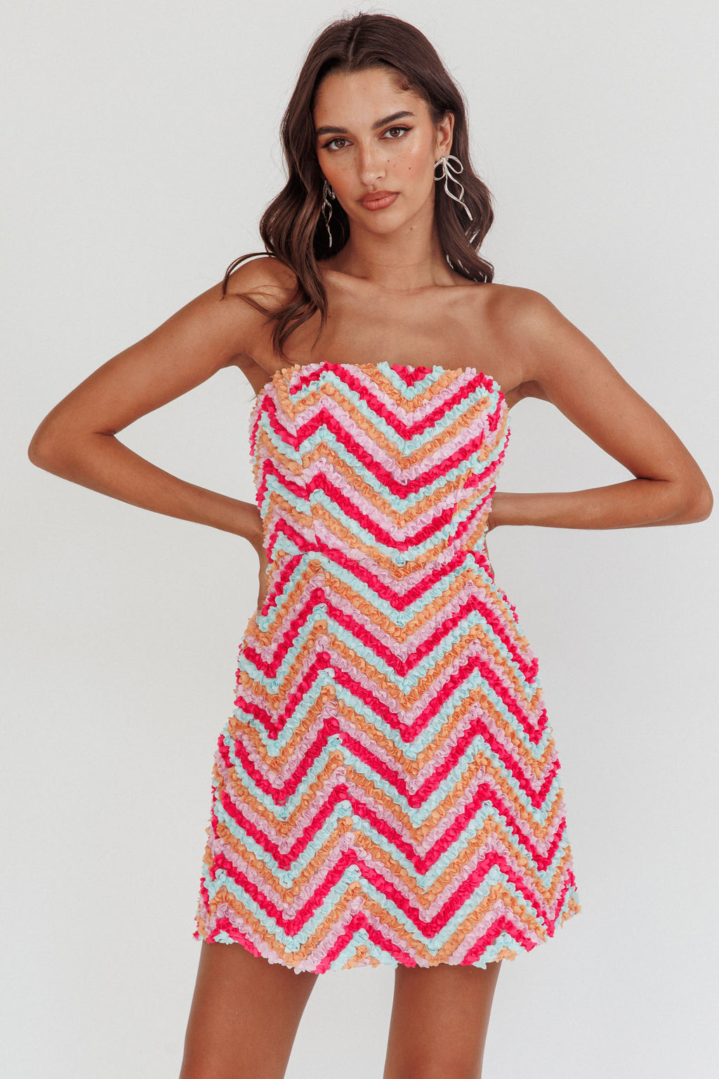 In Paris Embellished Chevron Mini Dress Fuchsia by Selfie Leslie