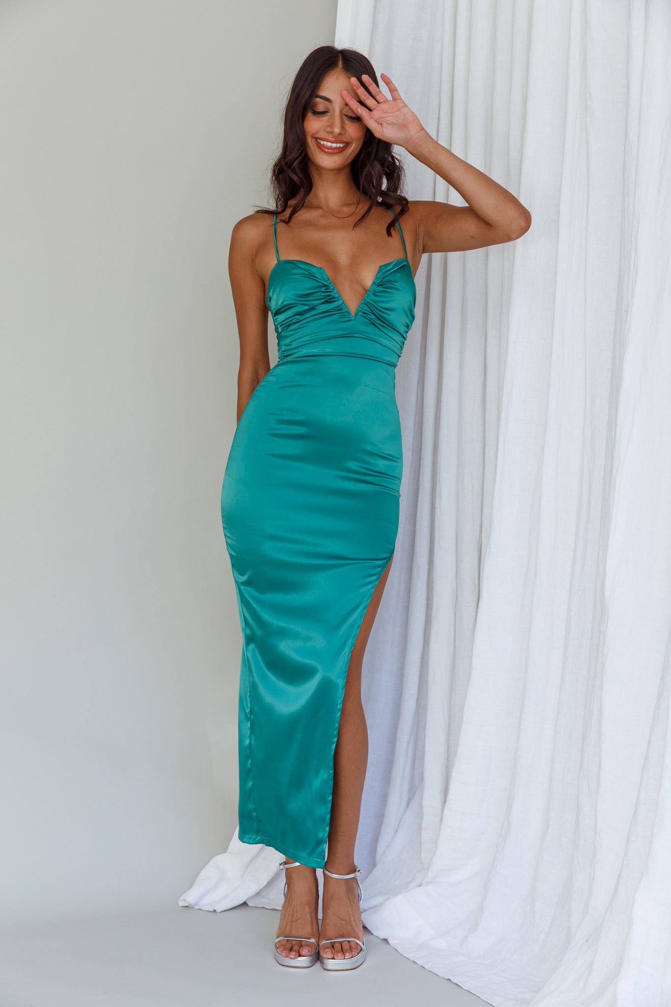 Dancing In September Thigh Split Dress Green by Selfie Leslie