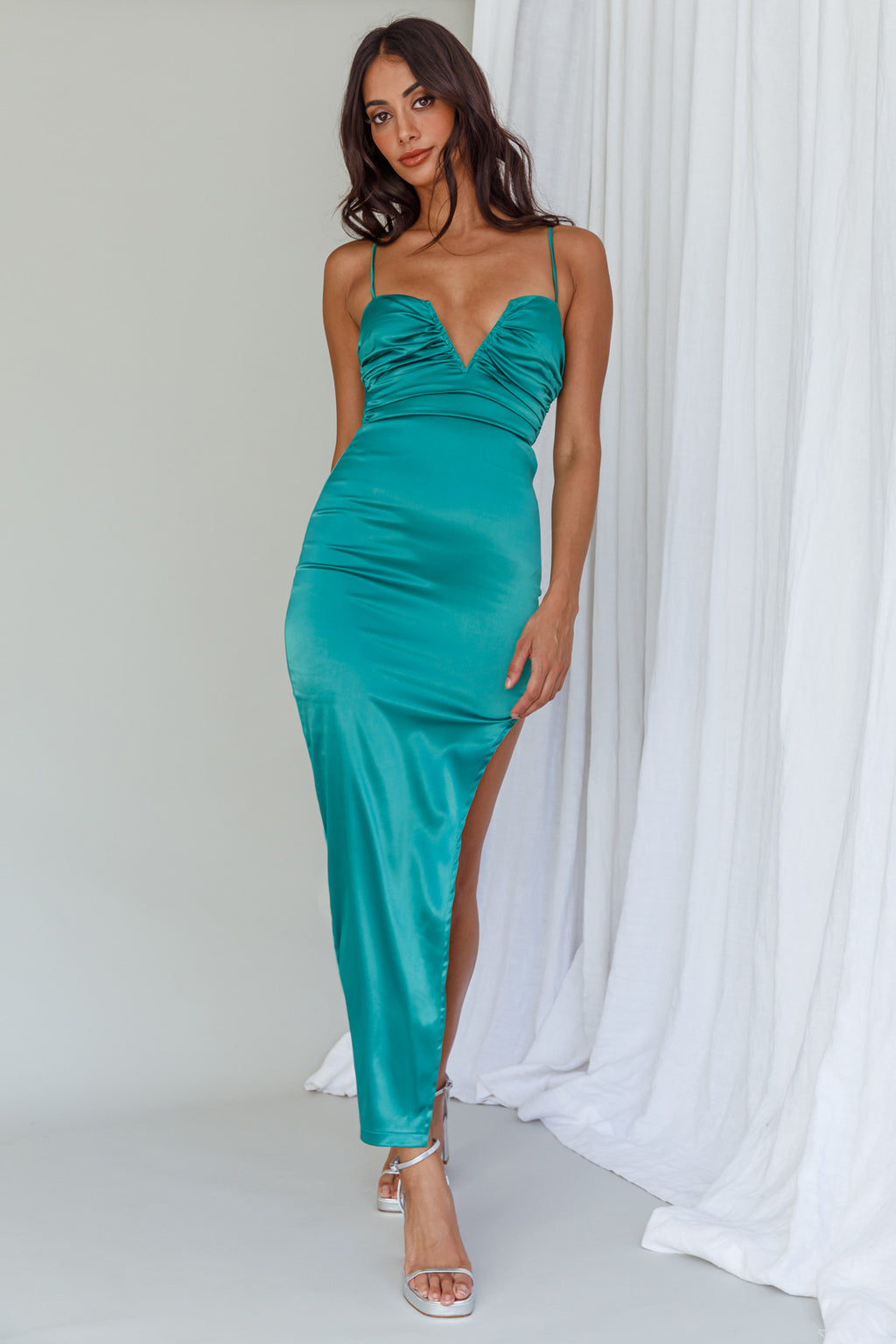 Dancing In September Thigh Split Dress Green by Selfie Leslie