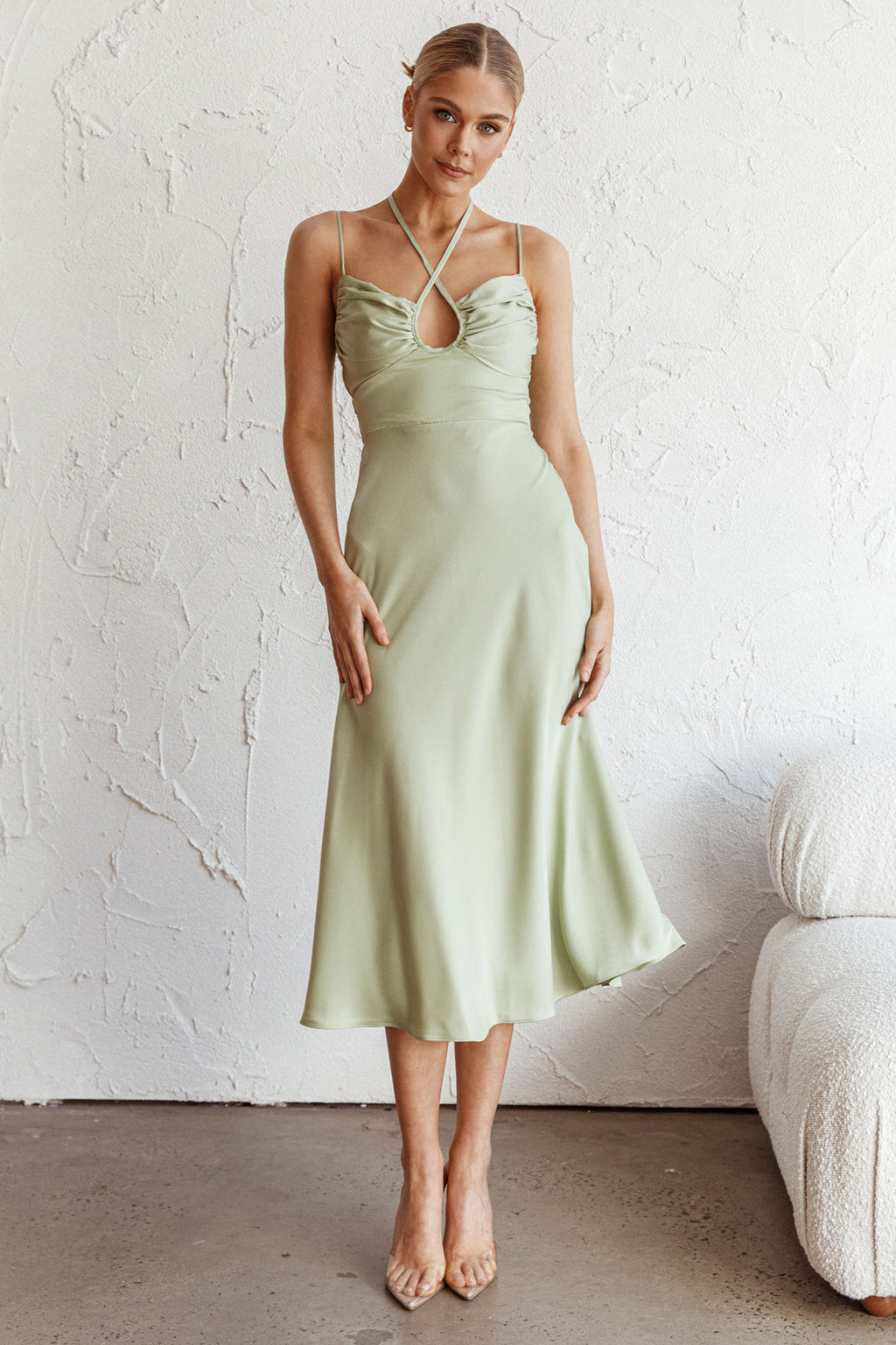 Emmalie Satin Midi Dress Sage by Selfie Leslie