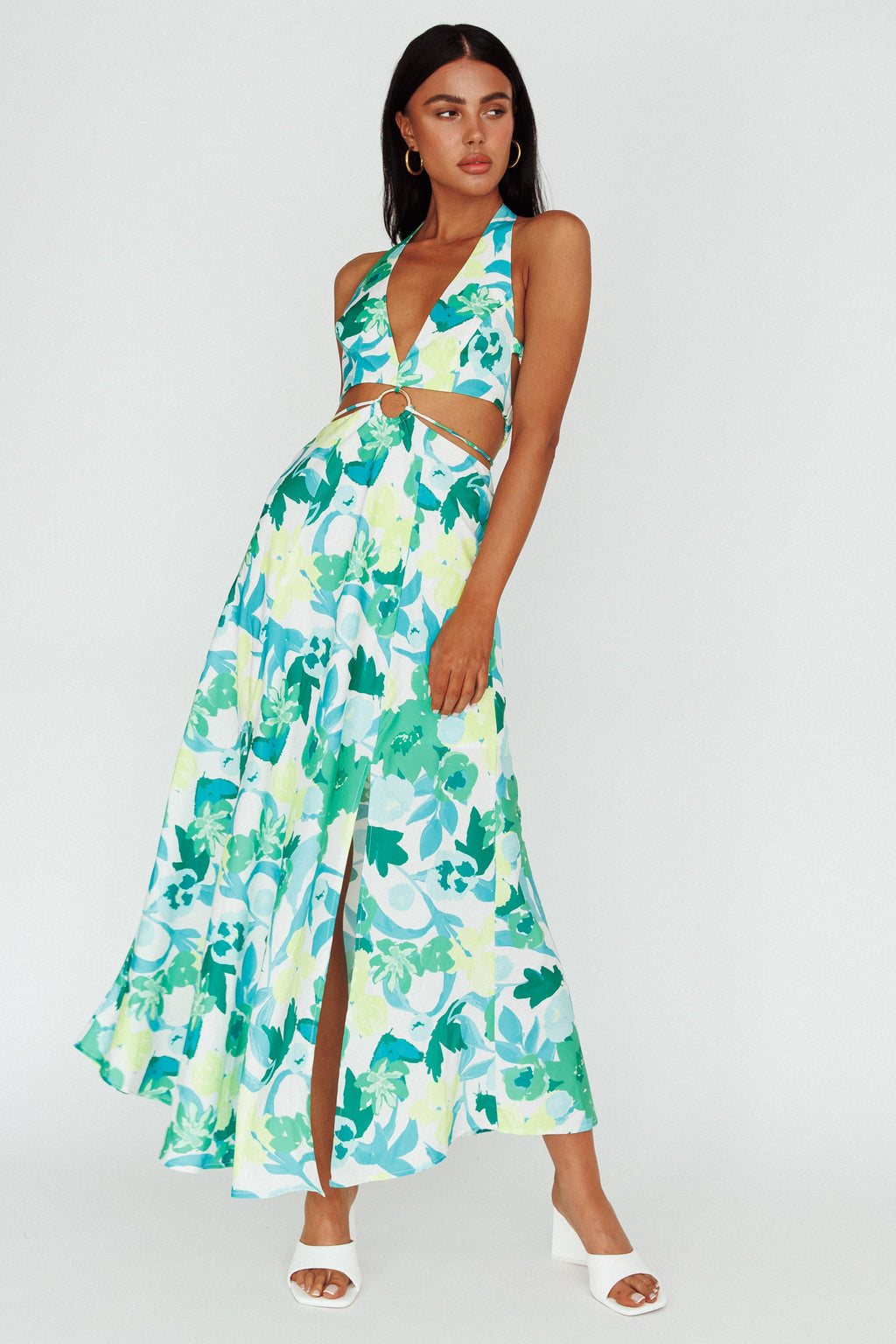 Tuscan Summers Cut-Out Midi Dress Floral Green by Selfie Leslie