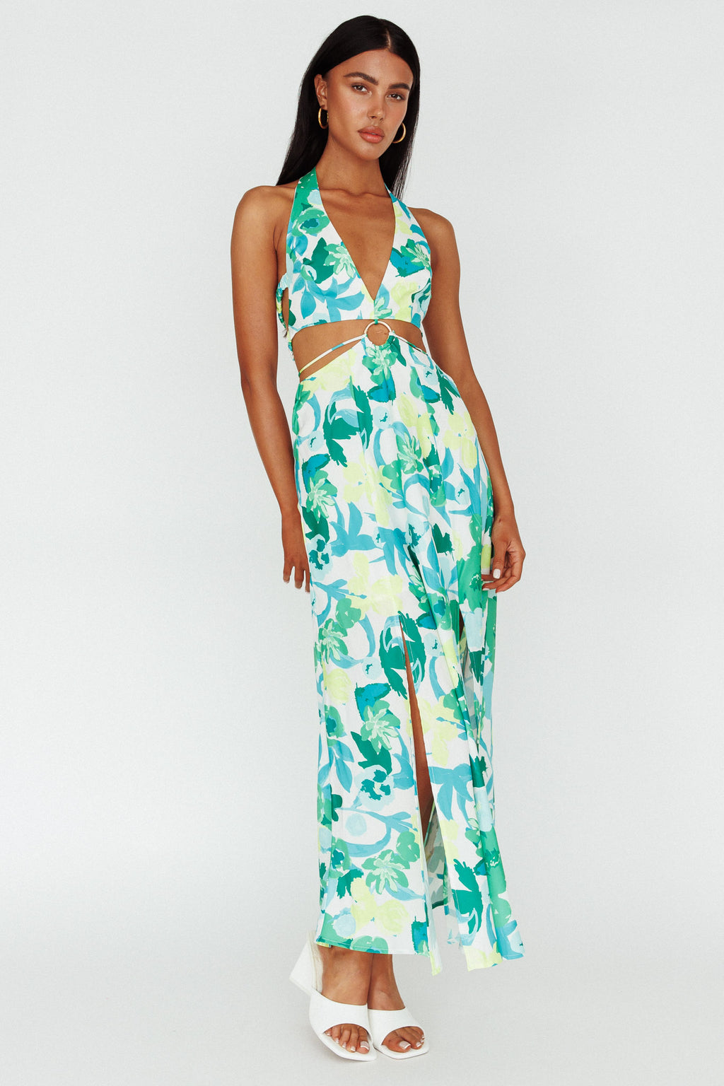 Tuscan Summers Cut-Out Midi Dress Floral Green by Selfie Leslie