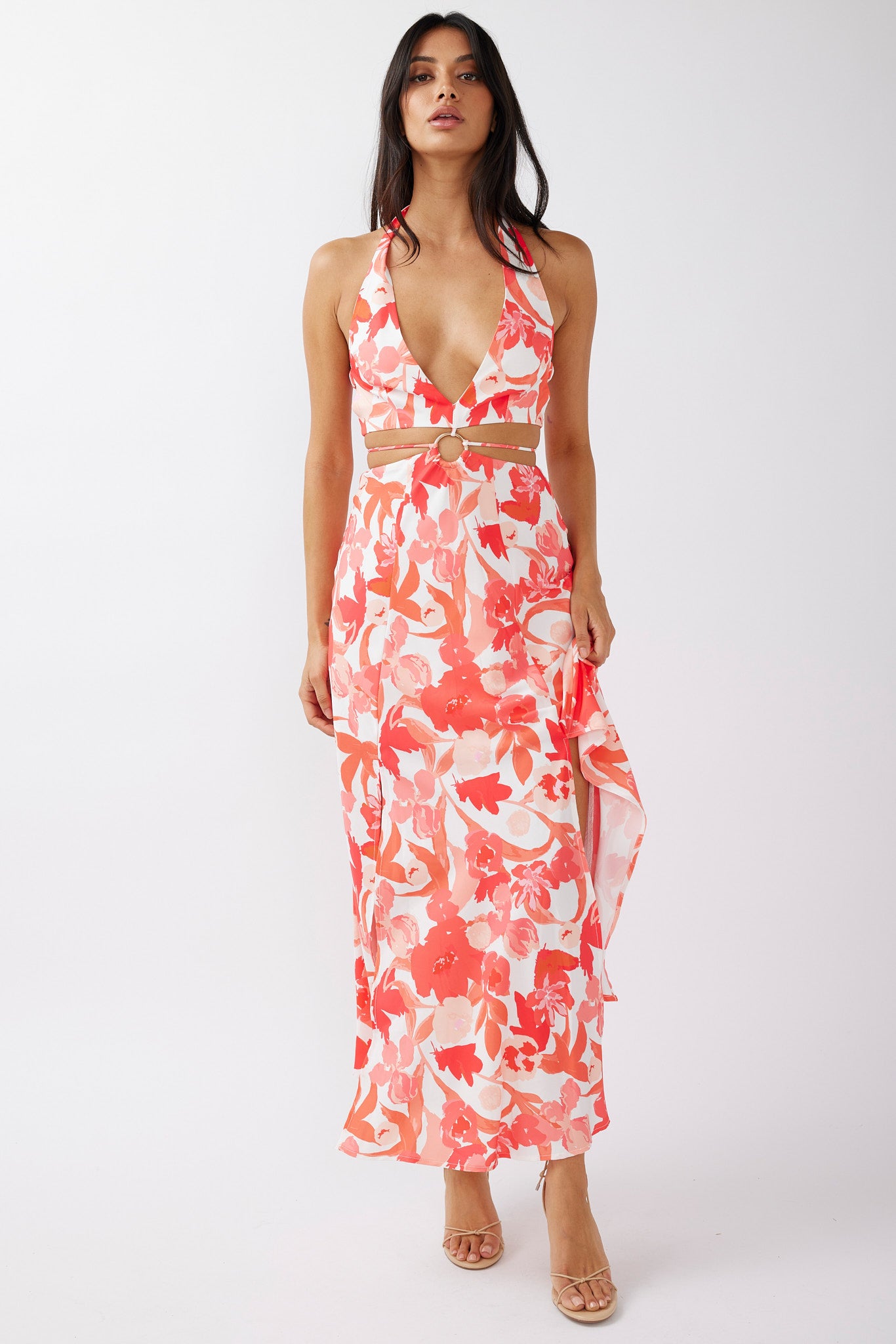 Tuscan Summers Cut-Out Midi Dress Floral Red by Selfie Leslie