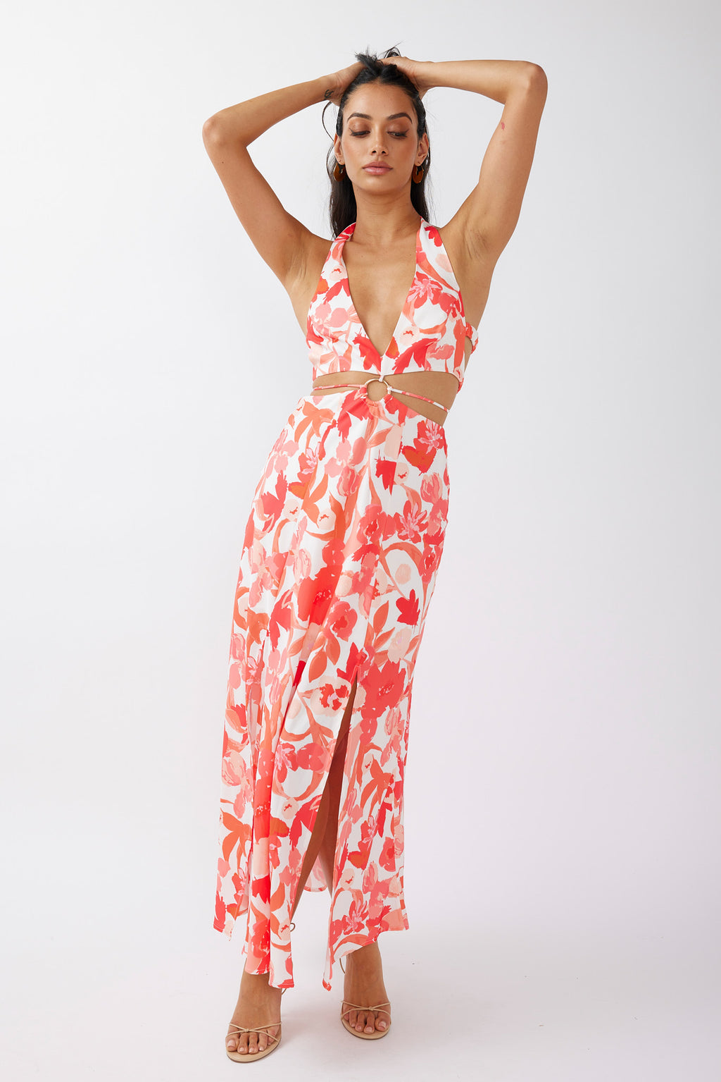 Tuscan Summers Cut-Out Midi Dress Floral Red by Selfie Leslie