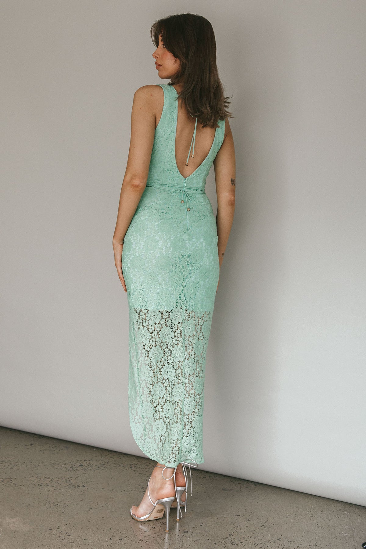 Piece Of Me Plunging Neckline Lace Dress Pistachio by Selfie Leslie