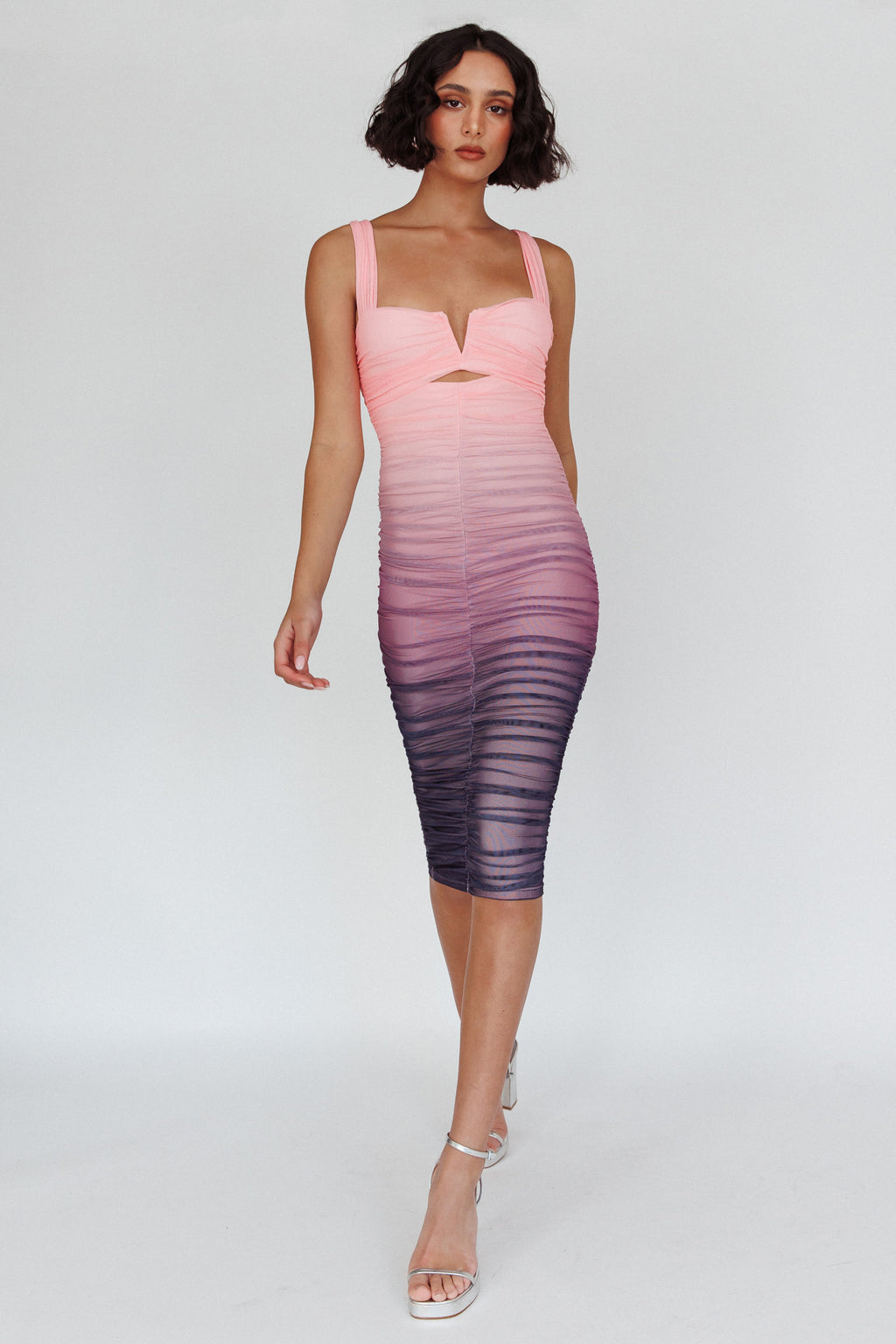 Nadia Ruched Midi Dress Gradient Pink by Selfie Leslie