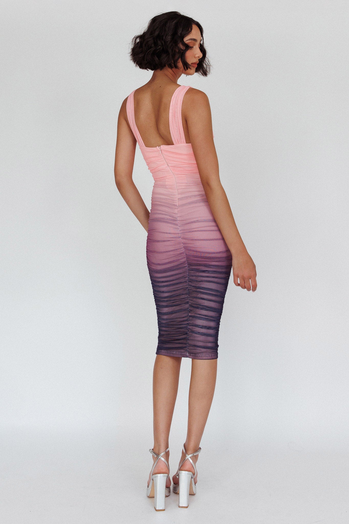 Nadia Ruched Midi Dress Gradient Pink by Selfie Leslie
