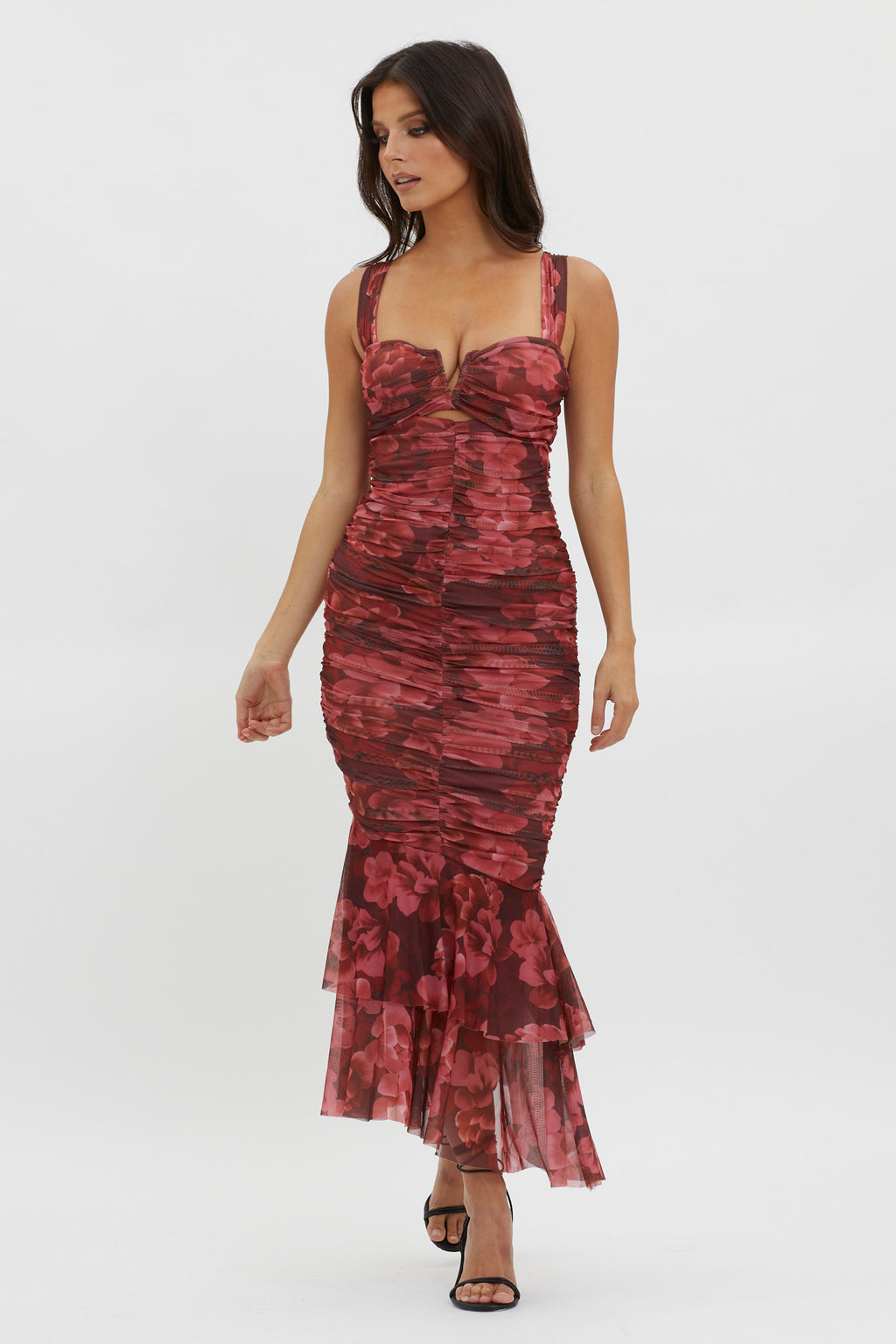 Nadia Ruched Fishtail Midi Dress Floral Wine by Selfie Leslie