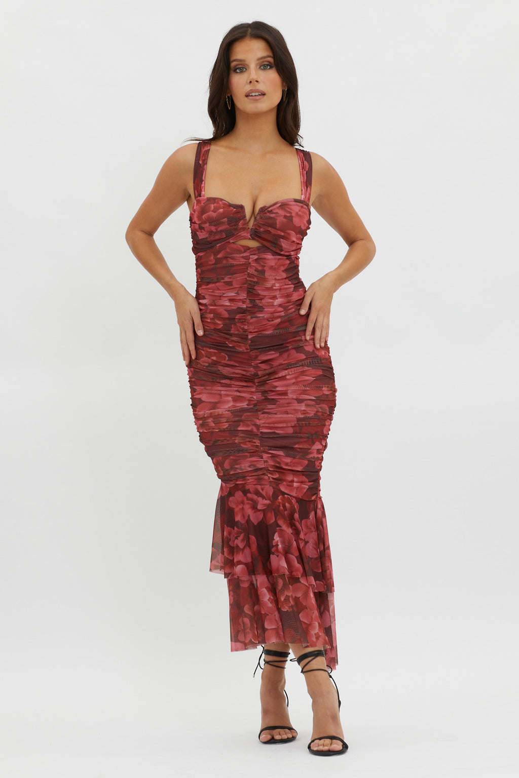 Nadia Ruched Fishtail Midi Dress Floral Wine by Selfie Leslie