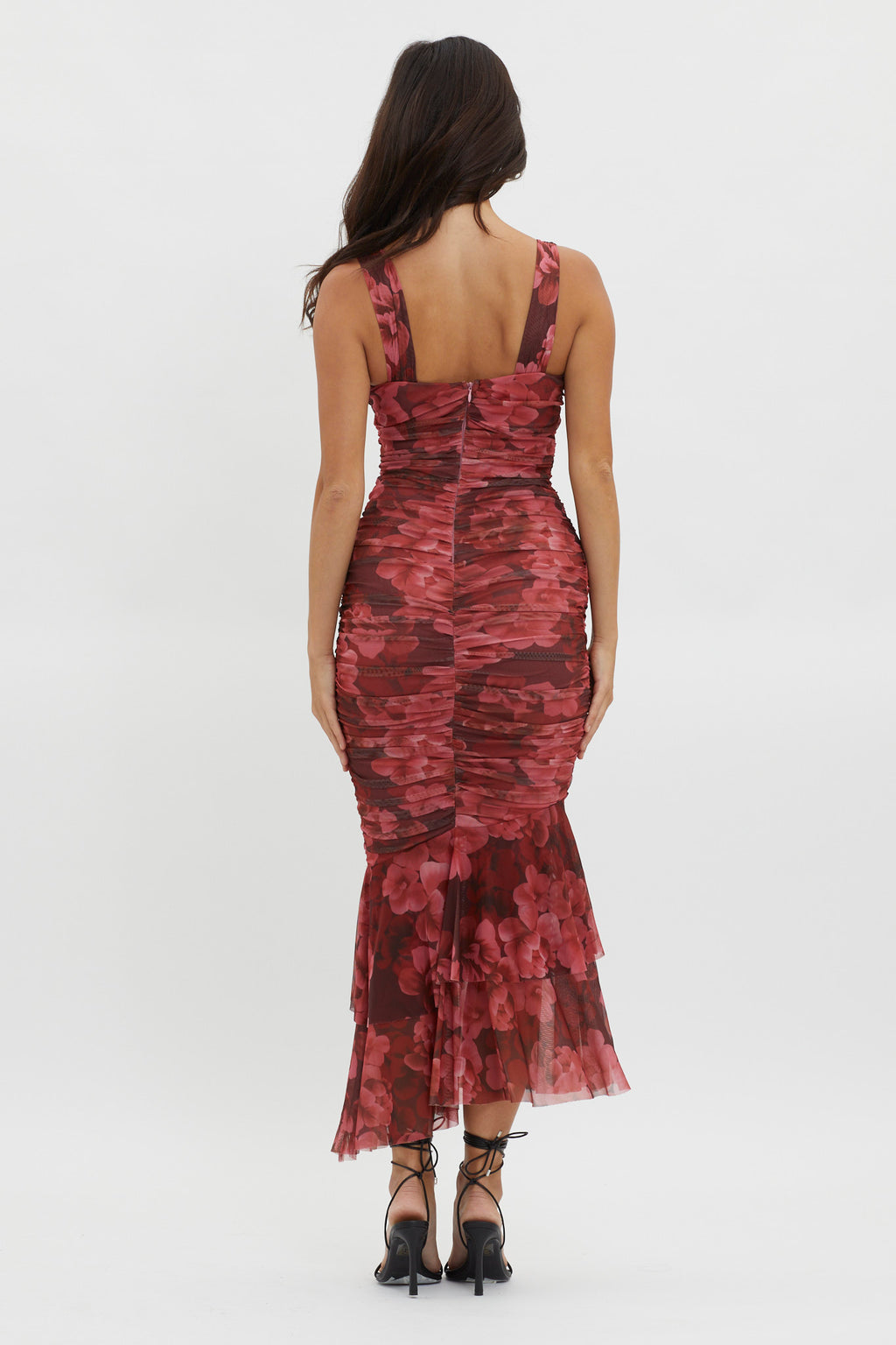 Nadia Ruched Fishtail Midi Dress Floral Wine by Selfie Leslie