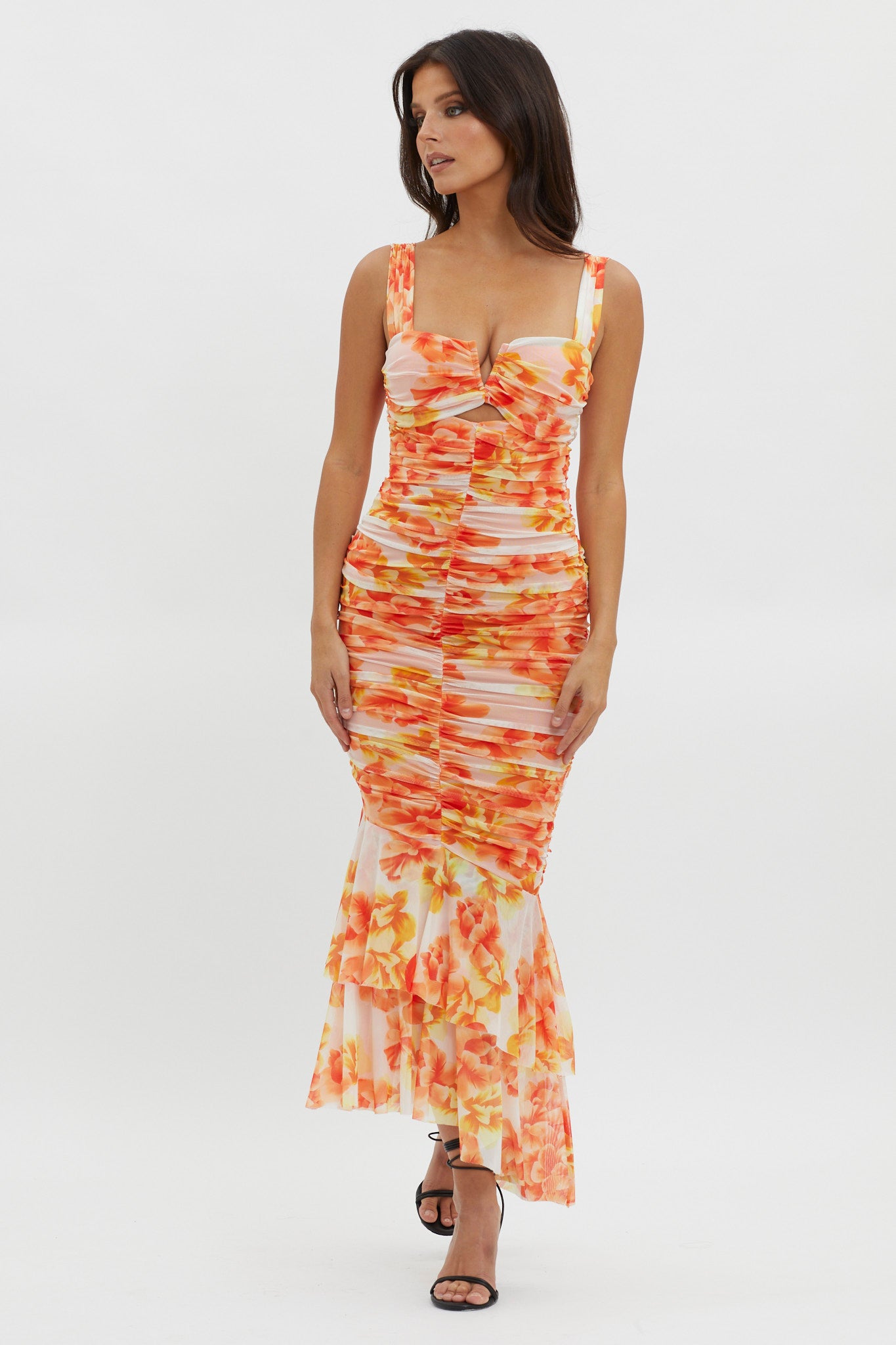 Nadia Ruched Fishtail Midi Dress Floral White by Selfie Leslie
