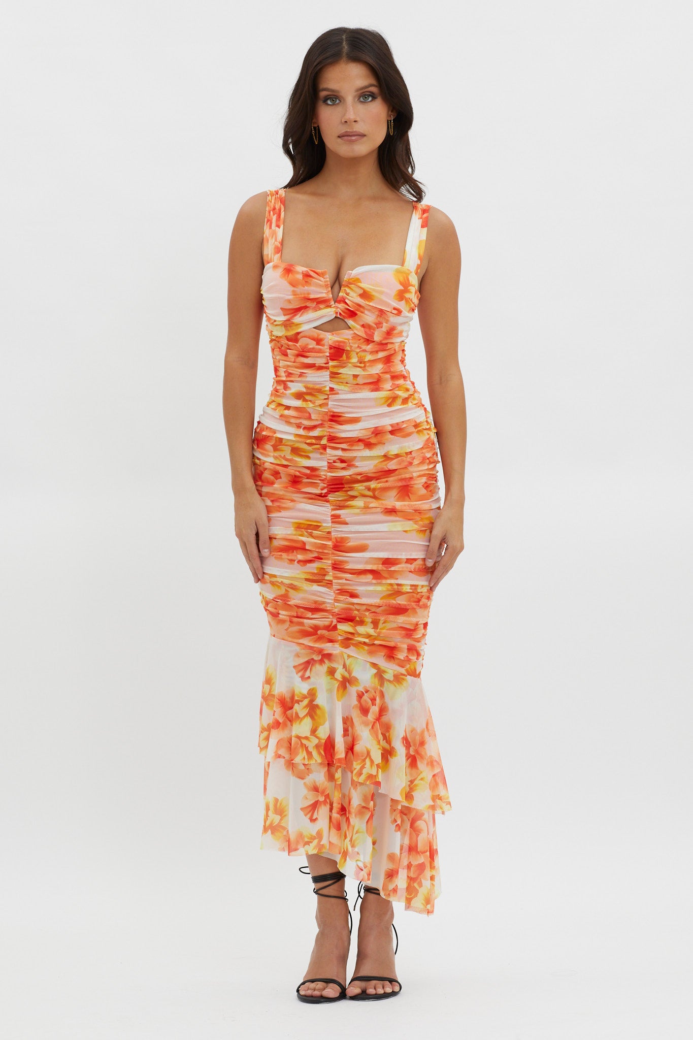 Nadia Ruched Fishtail Midi Dress Floral White by Selfie Leslie