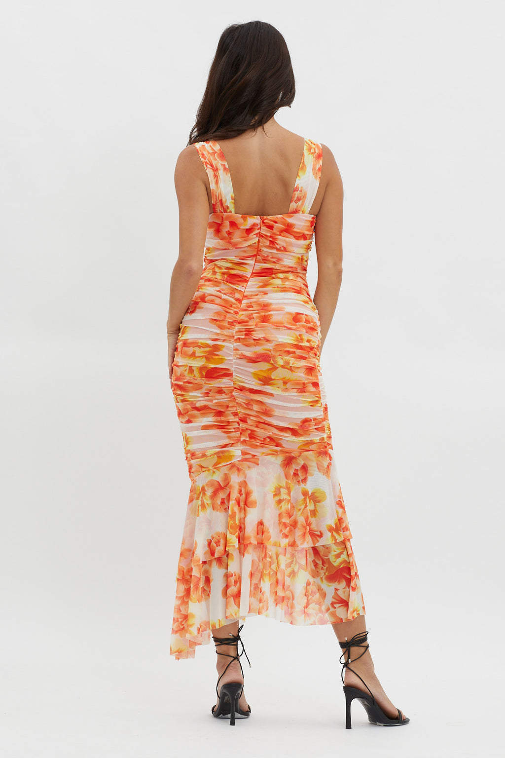 Nadia Ruched Fishtail Midi Dress Floral White by Selfie Leslie