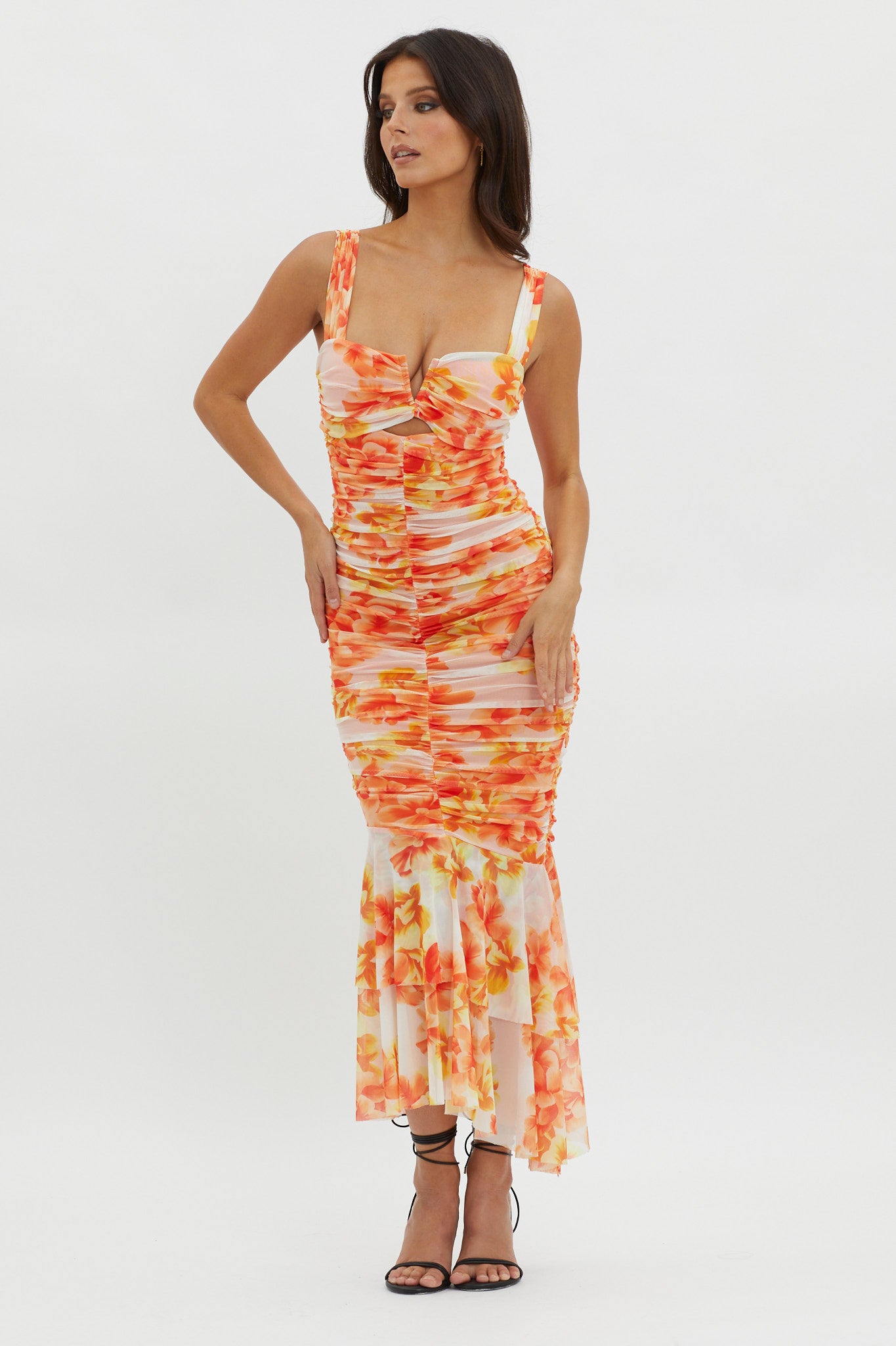 Nadia Ruched Fishtail Midi Dress Floral White by Selfie Leslie