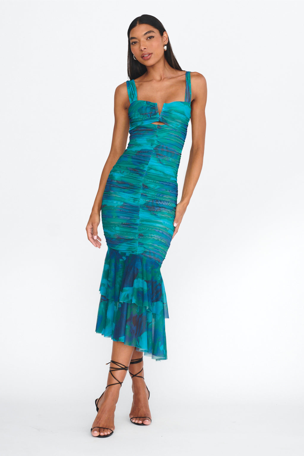 Nadia Ruched Fishtail Midi Dress Abstract Green by Selfie Leslie