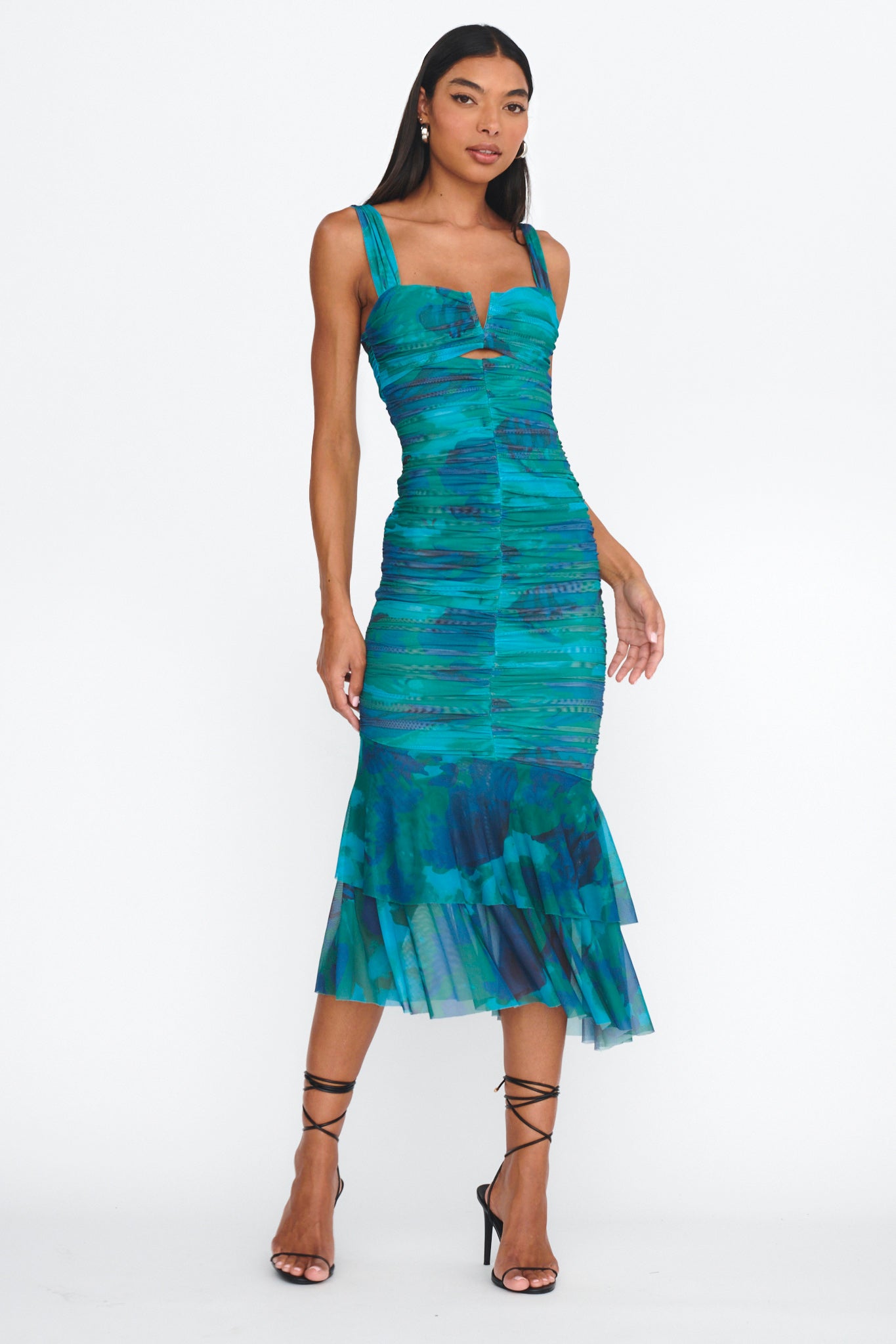 Nadia Ruched Fishtail Midi Dress Abstract Green by Selfie Leslie