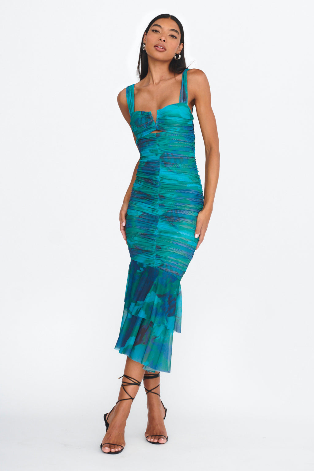 Nadia Ruched Fishtail Midi Dress Abstract Green by Selfie Leslie