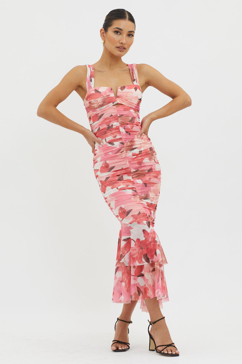 Nadia Ruched Fishtail Midi Dress Abstract Green