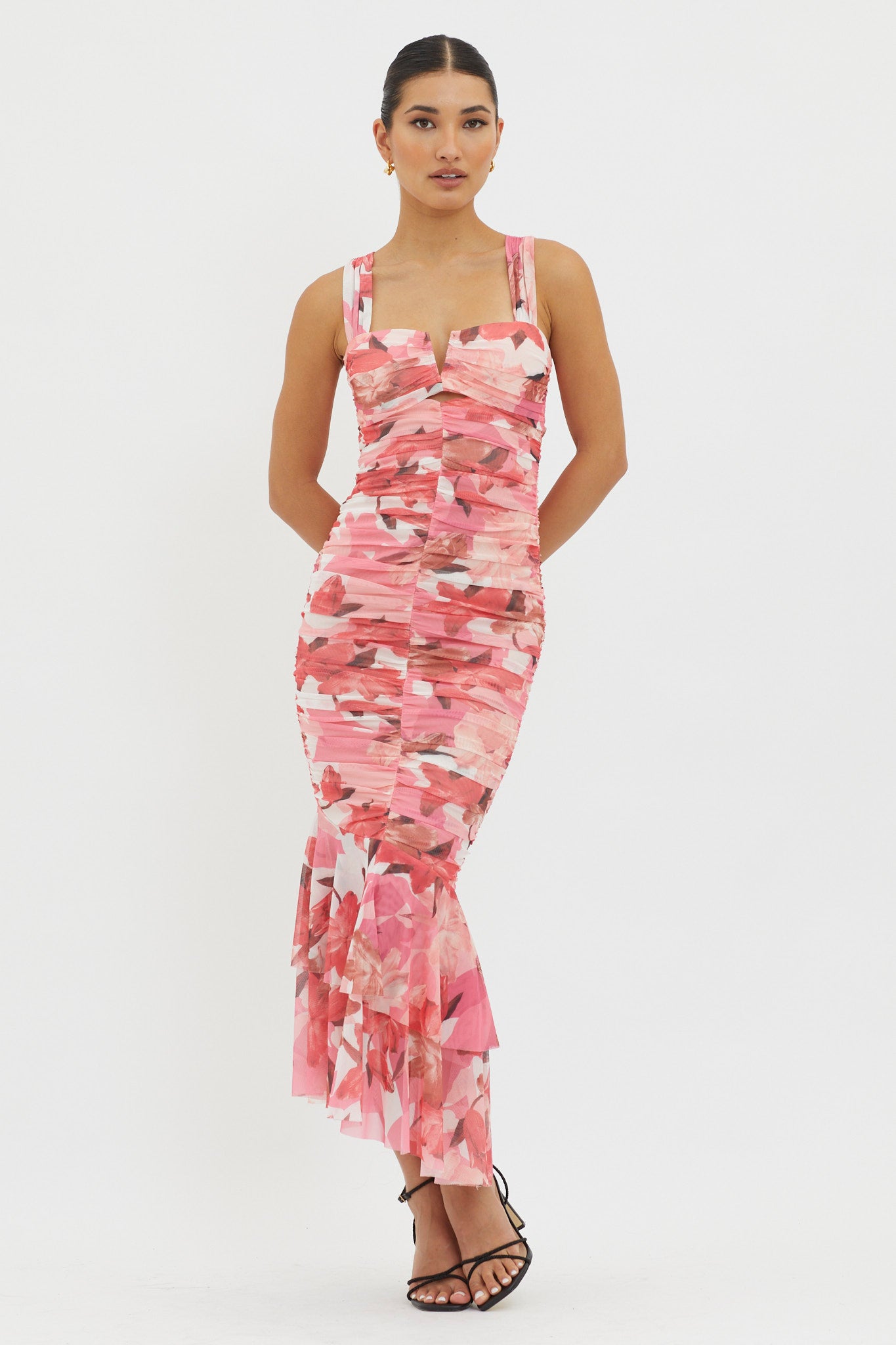 Nadia Ruched Fishtail Midi Dress Floral Pink by Selfie Leslie