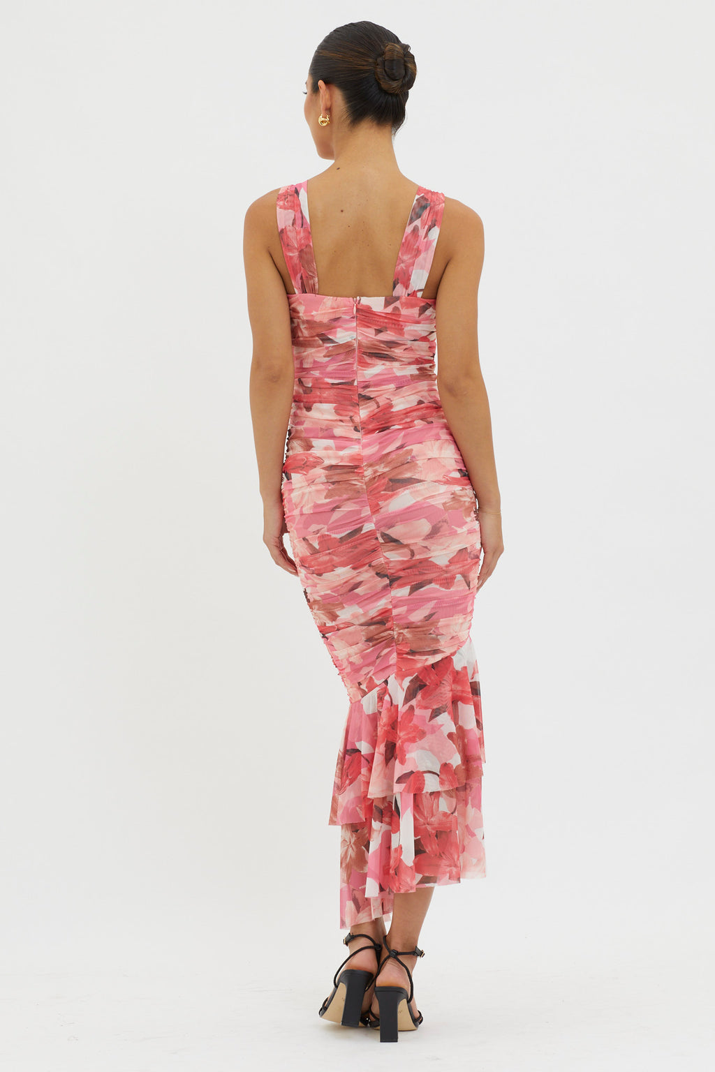 Nadia Ruched Fishtail Midi Dress Floral Pink by Selfie Leslie