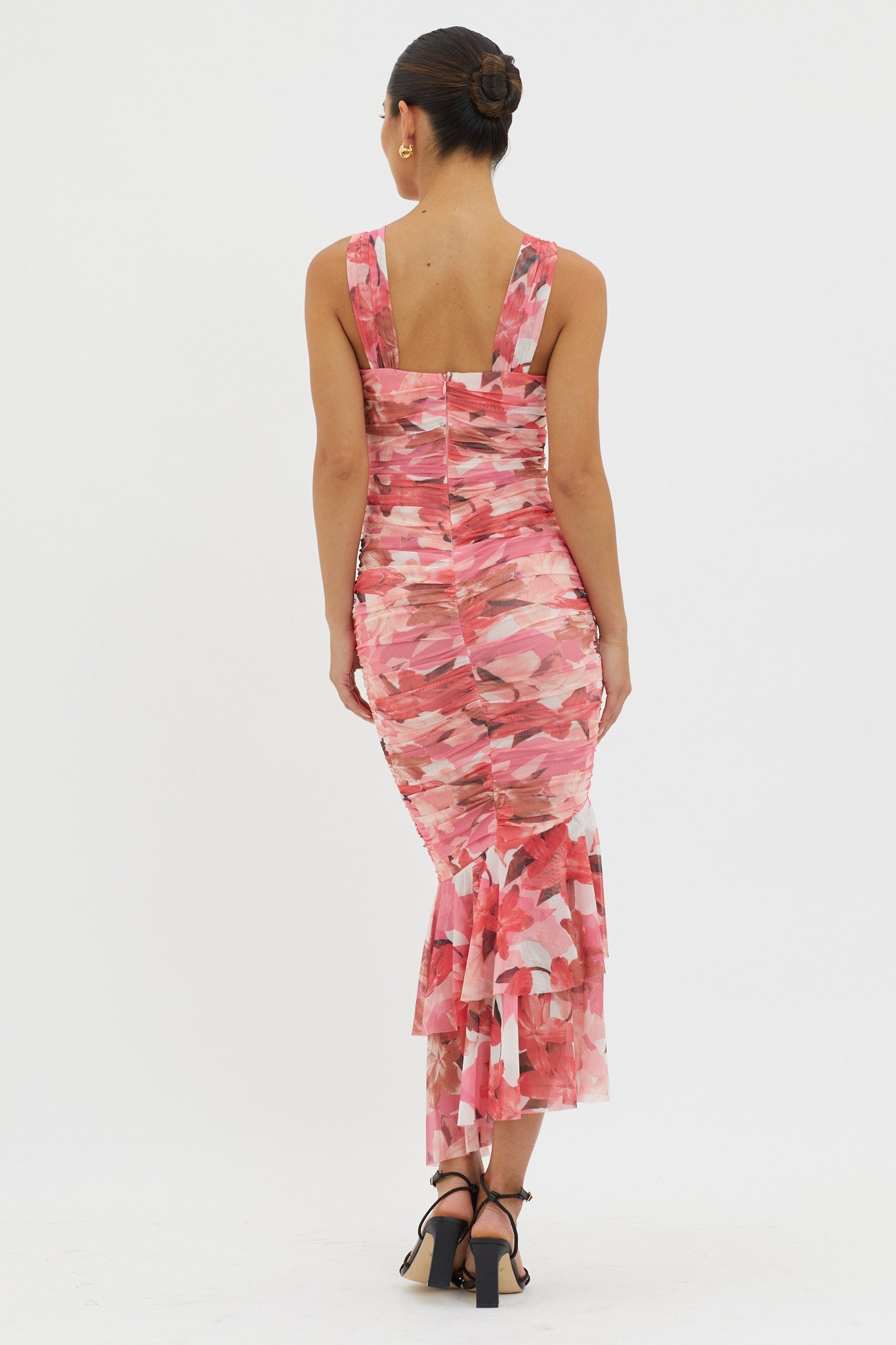 Nadia Ruched Fishtail Midi Dress Floral Pink by Selfie Leslie