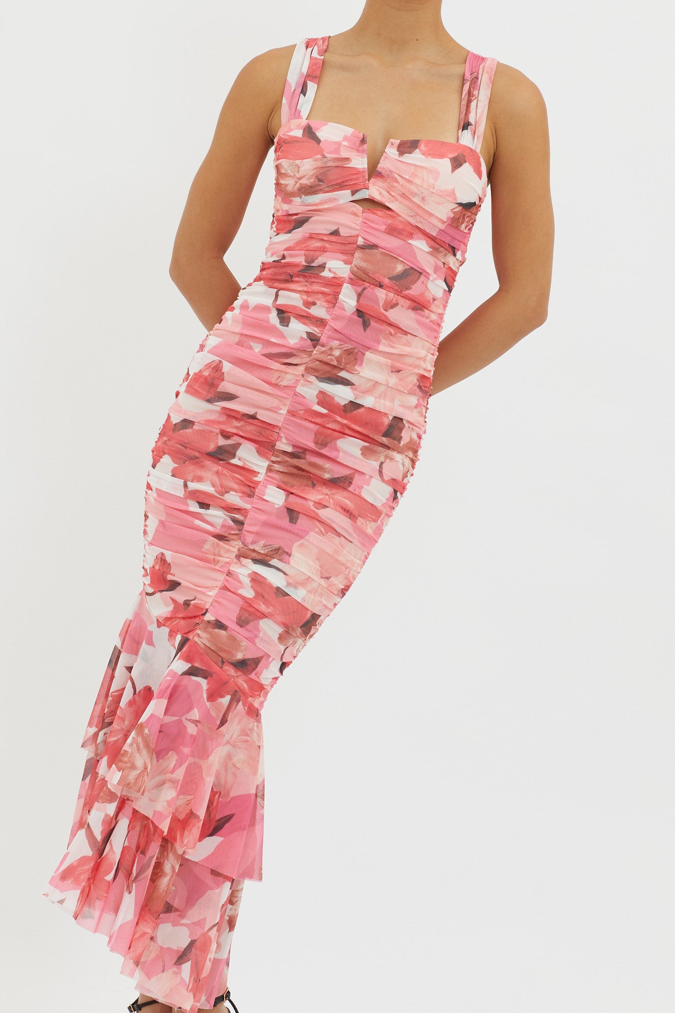 Nadia Ruched Fishtail Midi Dress Floral Pink by Selfie Leslie