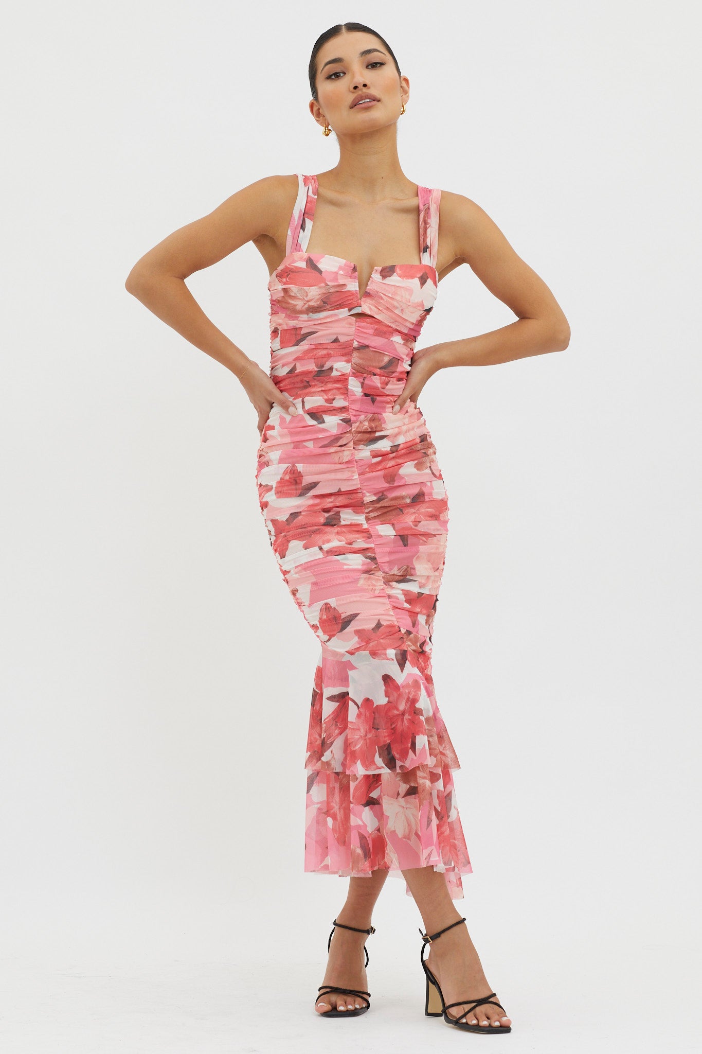 Nadia Ruched Fishtail Midi Dress Floral Pink by Selfie Leslie