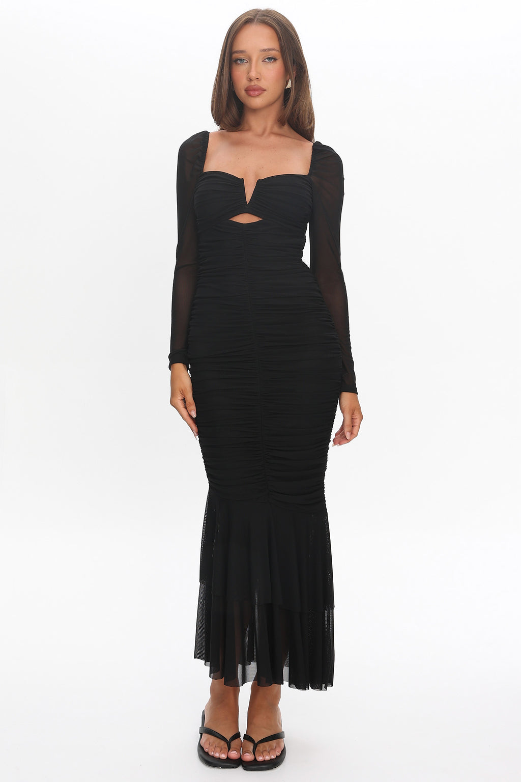 Nadia Long Sleeve Fishtail Midi Dress Black by Selfie Leslie