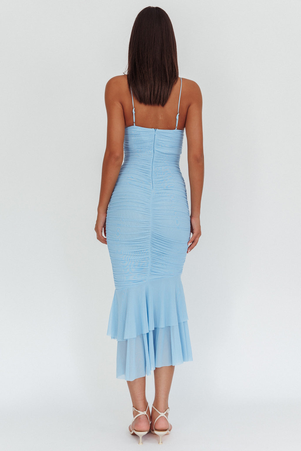 Nadia Ruffle Neckline Ruched Midi Dress Blue by Selfie Leslie
