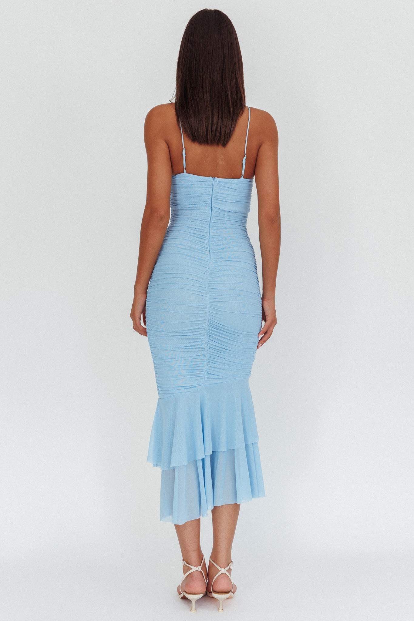 Nadia Ruffle Neckline Ruched Midi Dress Blue by Selfie Leslie