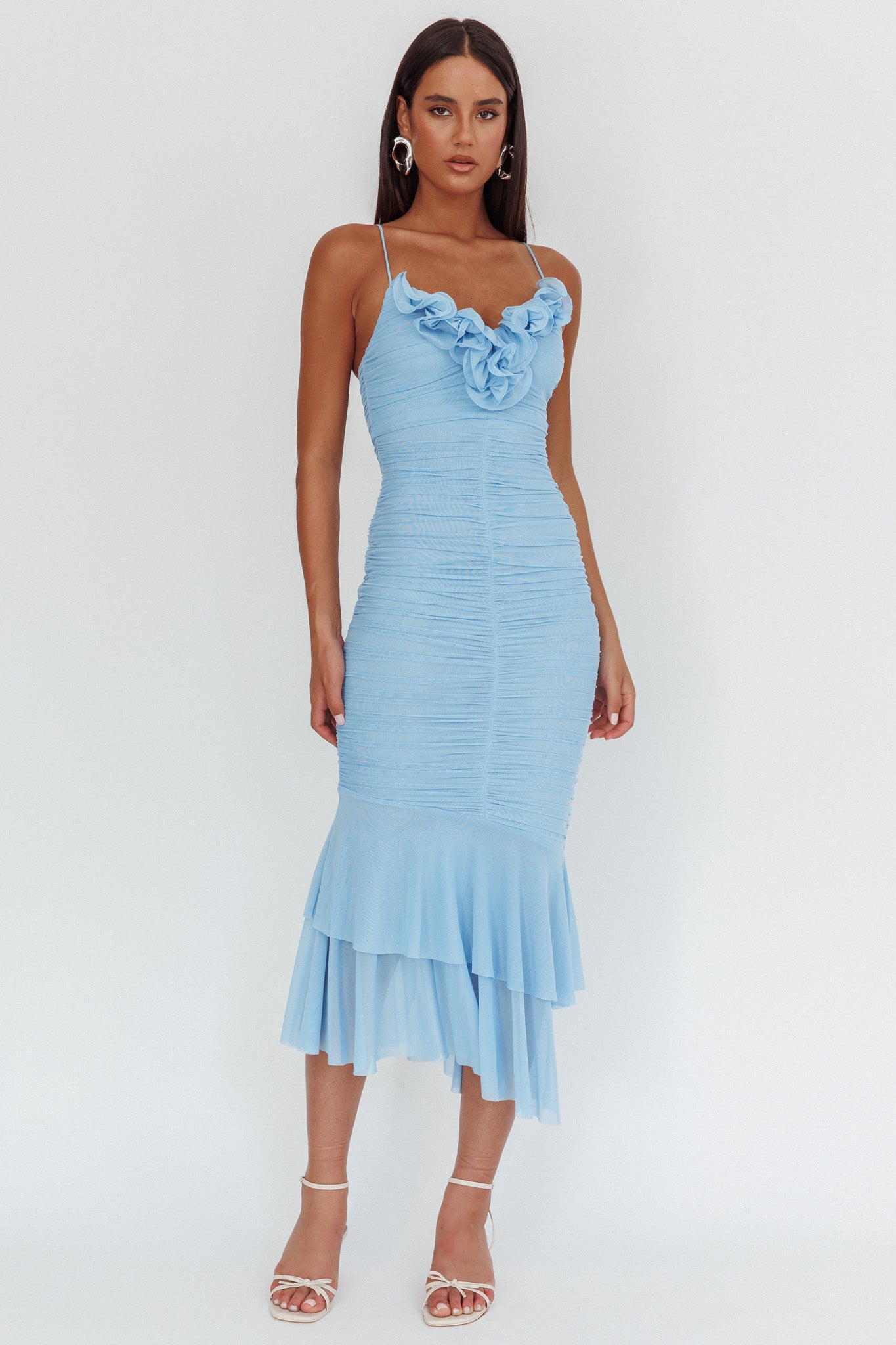 Nadia Ruffle Neckline Ruched Midi Dress Blue by Selfie Leslie