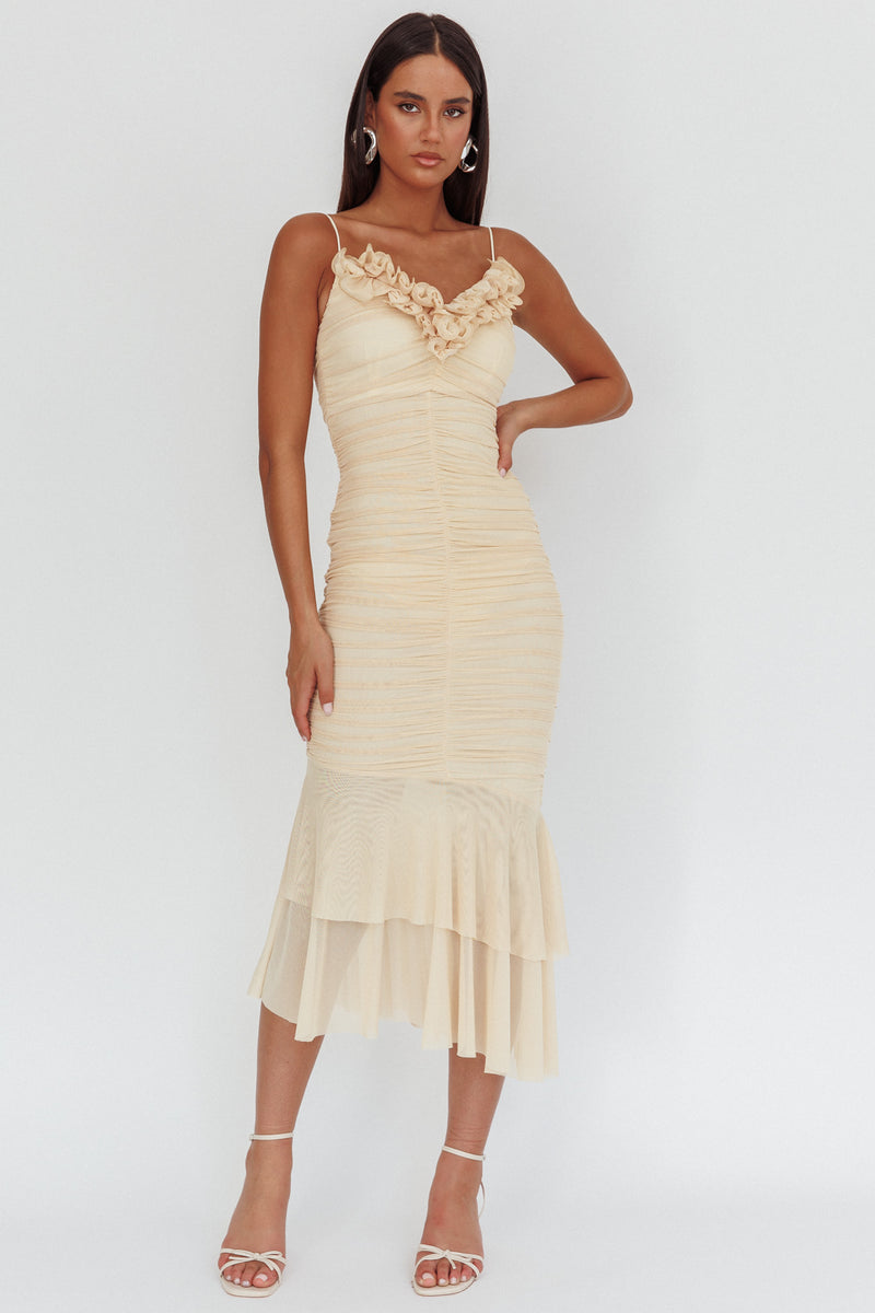 Kamilah Gathered Cascading Ruffle Midi Dress Butter