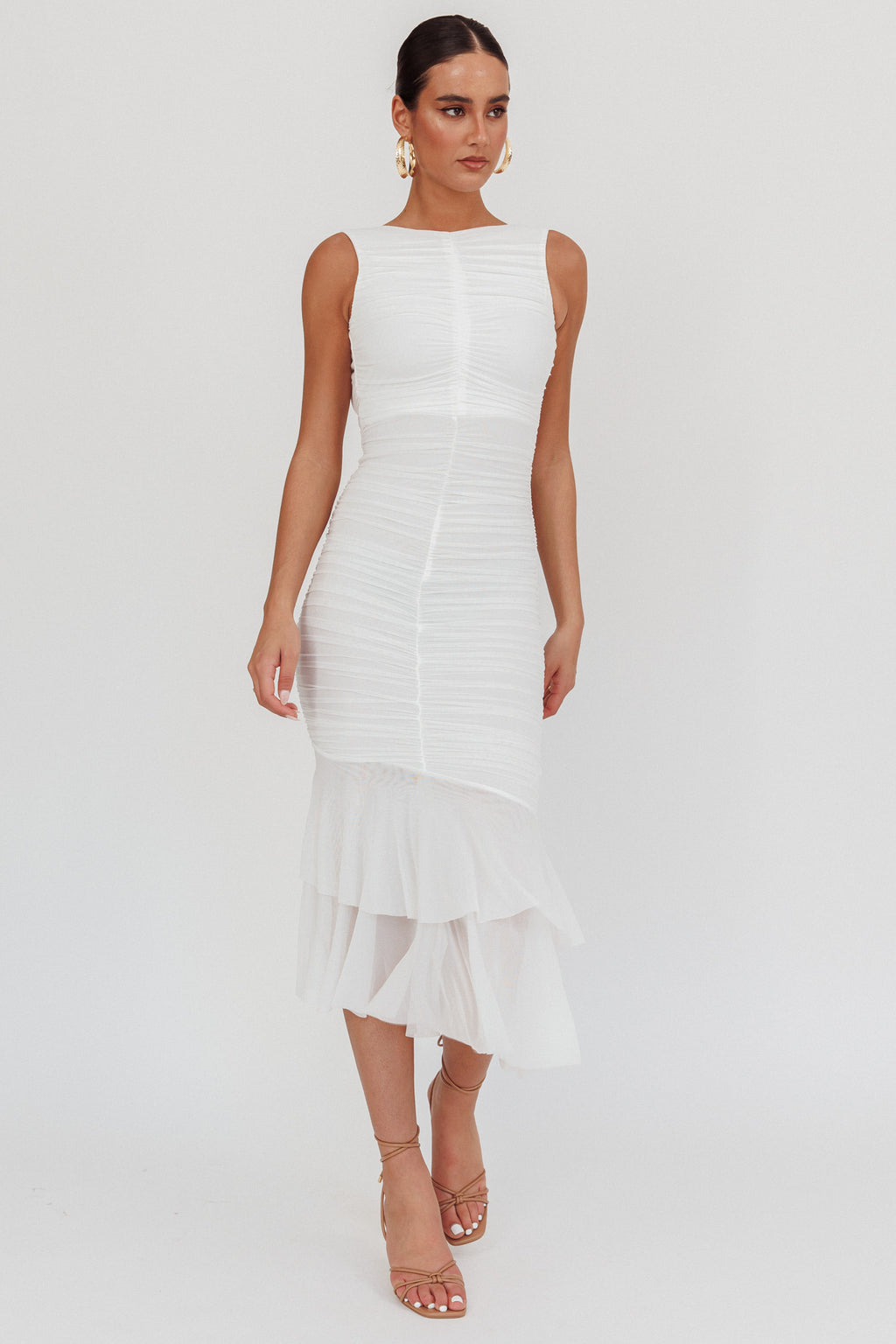 Nadia Sleeveless Ruched Midi Dress White by Selfie Leslie