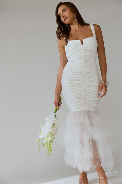 nya tulle maxi dress Nadia Tulle Hem Ruched Maxi Dress White