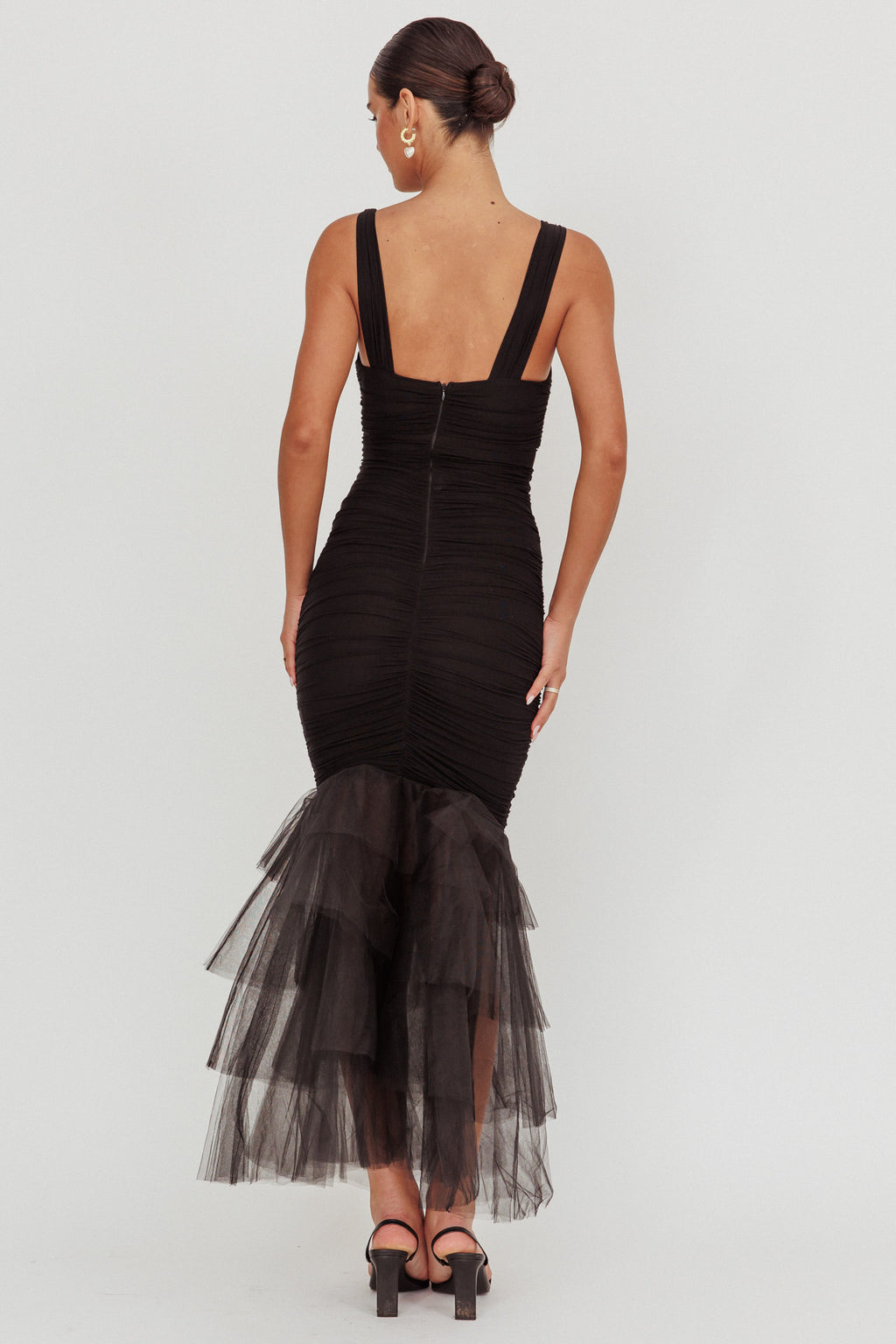 Nadia Tulle Hem Ruched Maxi Dress Black by Selfie Leslie
