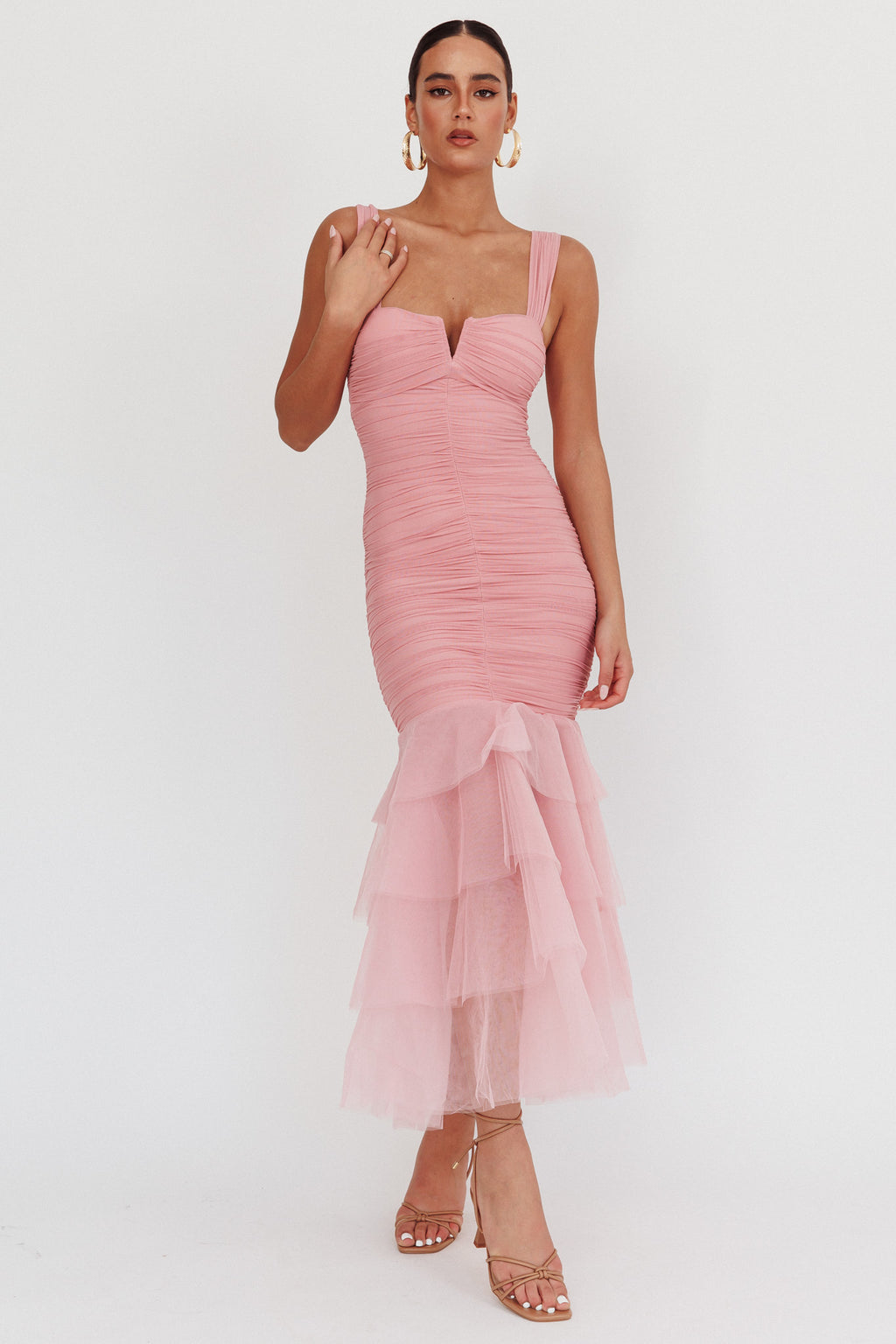 Nadia Tulle Hem Ruched Maxi Dress Pink by Selfie Leslie