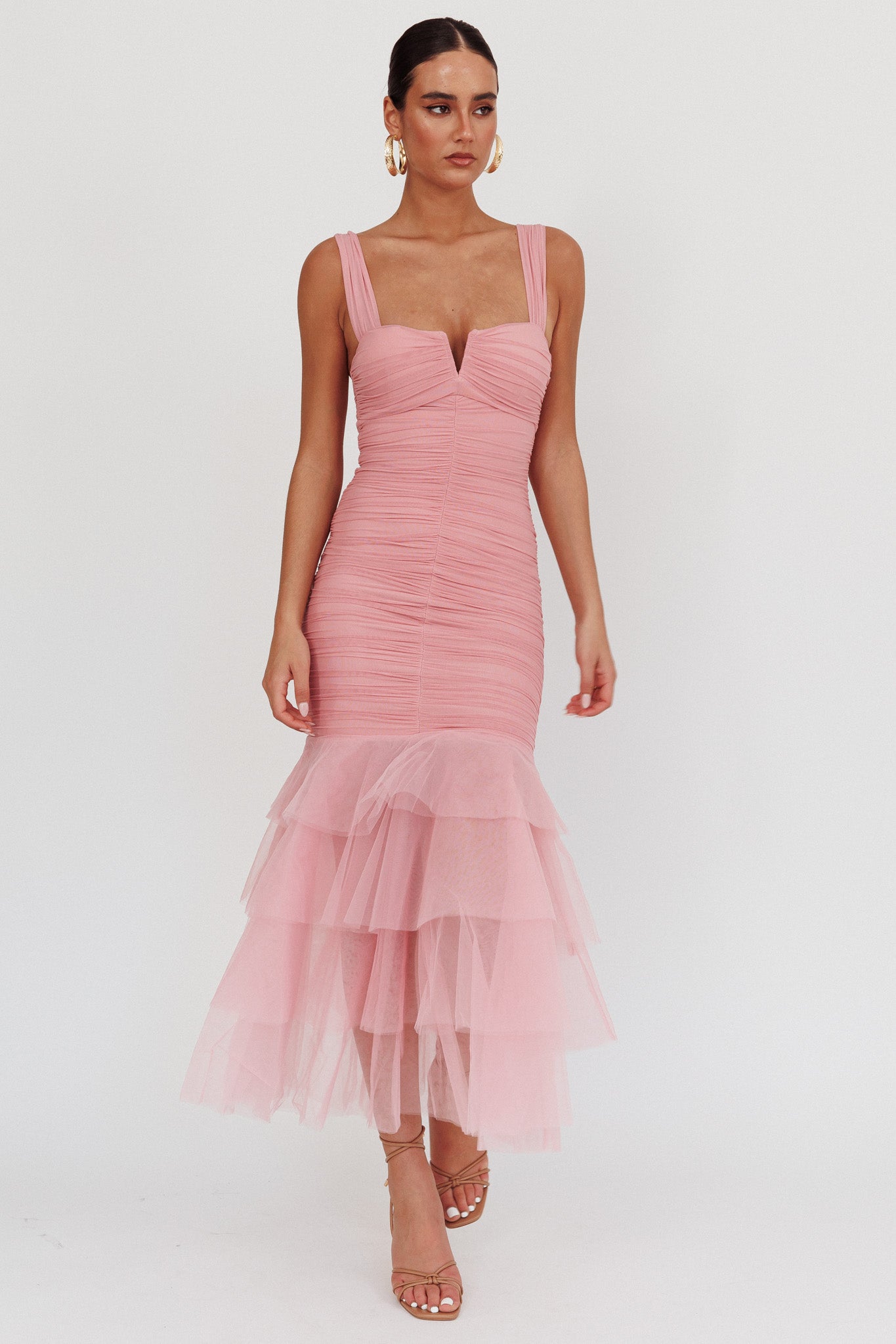 Nadia Tulle Hem Ruched Maxi Dress Pink by Selfie Leslie