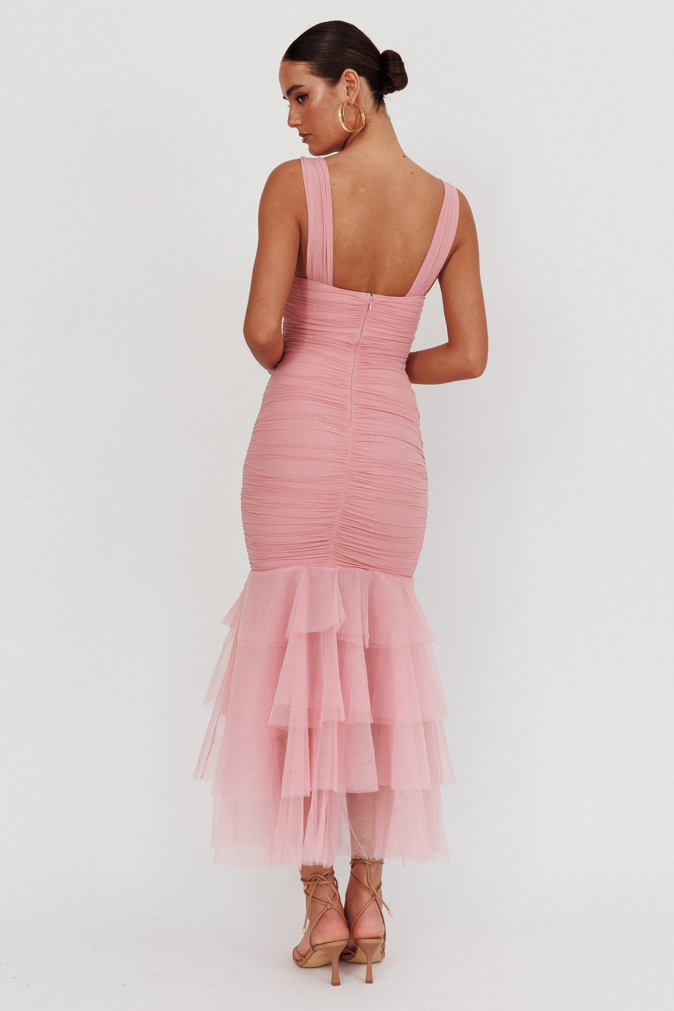 Nadia Tulle Hem Ruched Maxi Dress Pink by Selfie Leslie